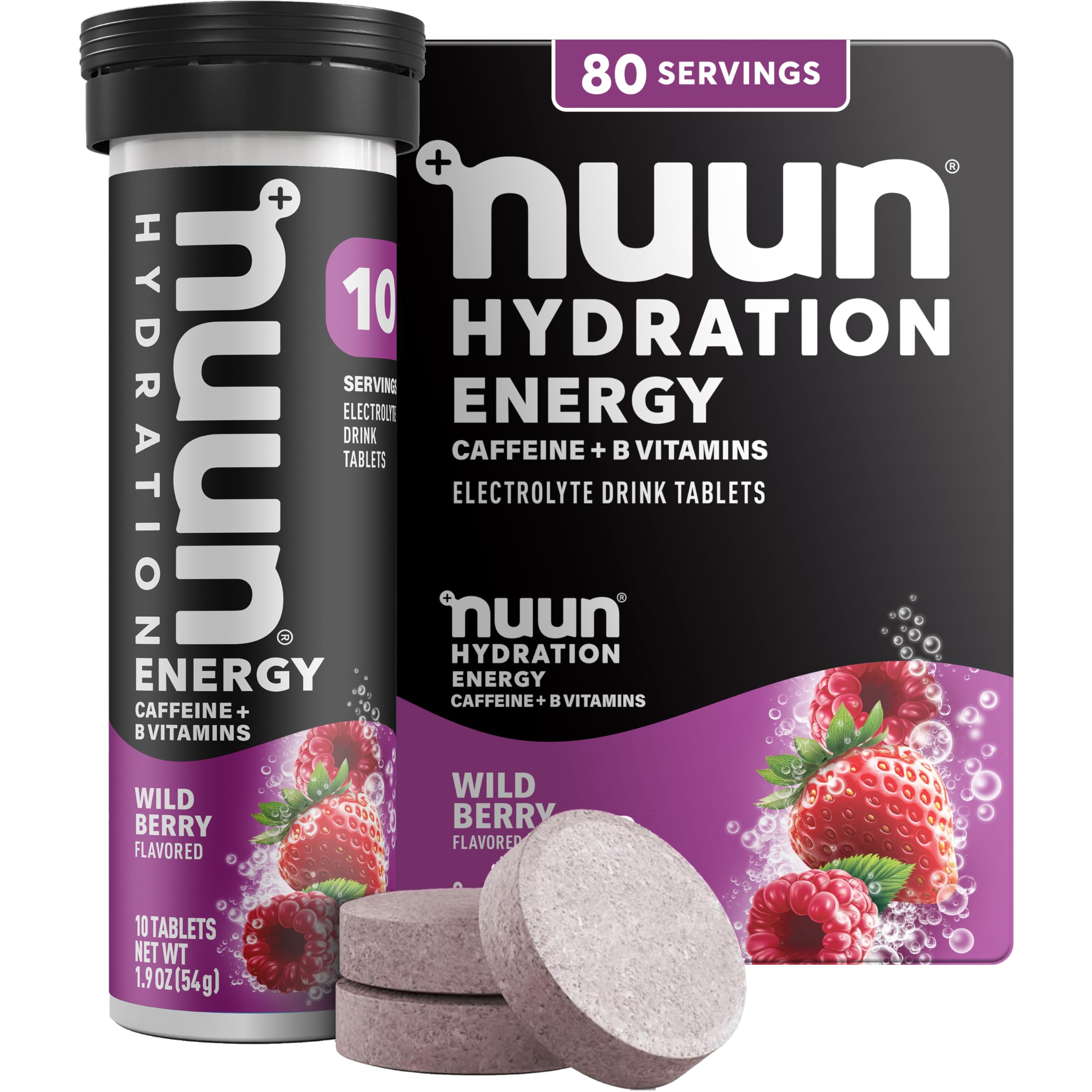 Nuun tubo frontal Wild Berry mostrando envase y conveniencia