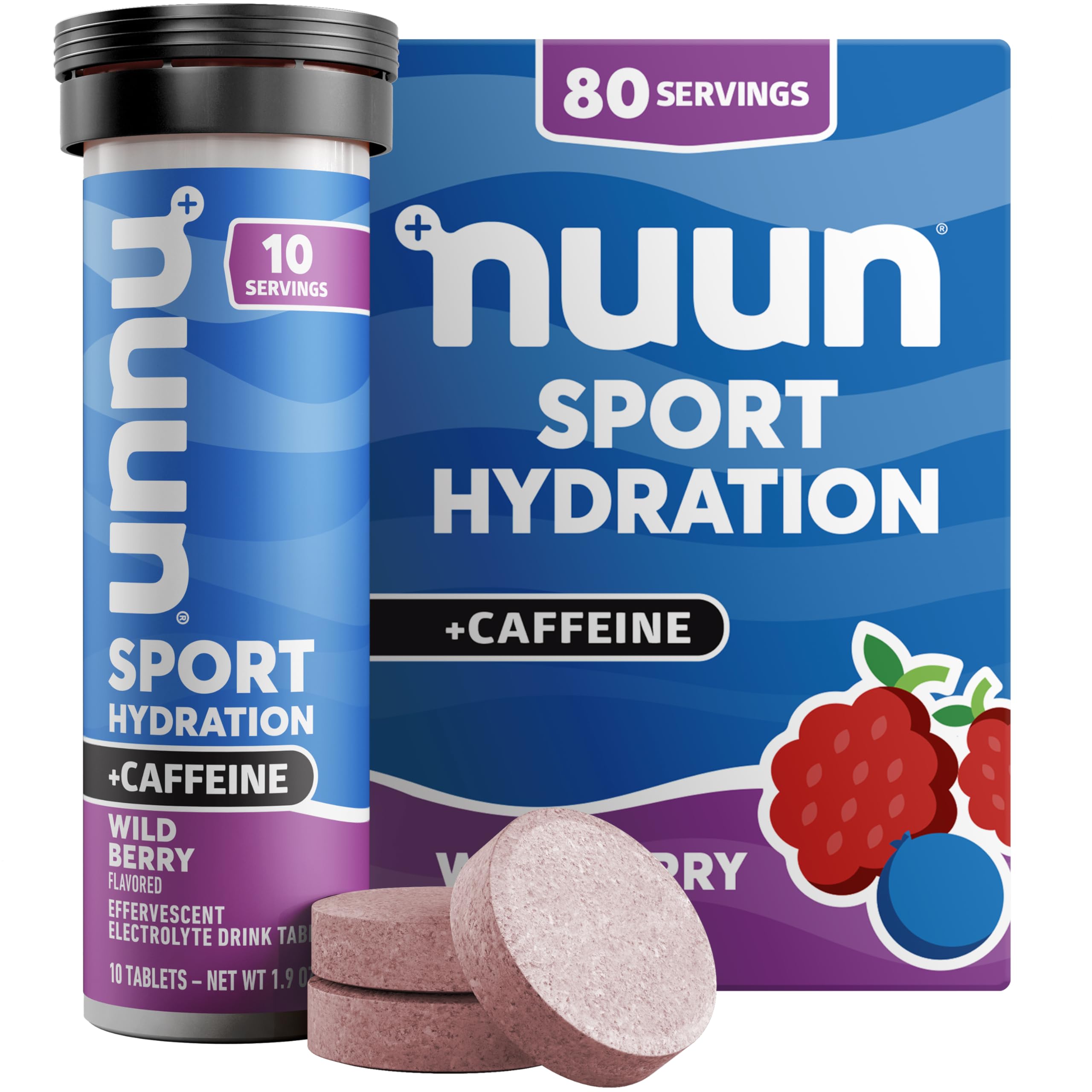 Nuun empaque frontal Wild Berry mostrando tubos y cantidad del pack, fácil transporte