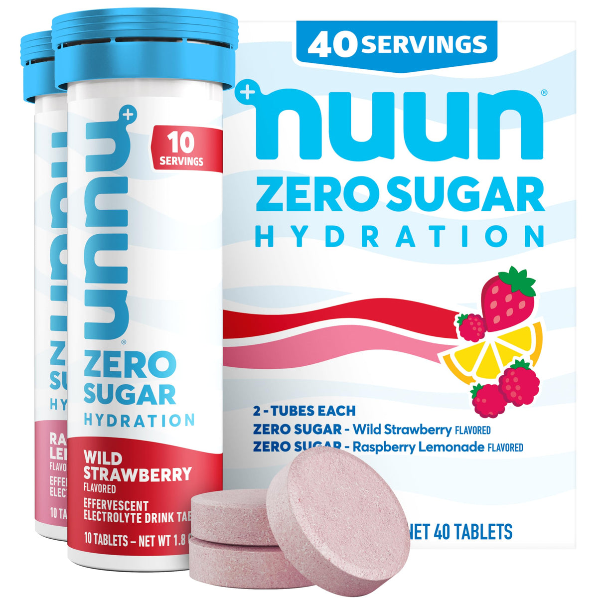 Nuun tubo frente mostrando etiqueta Mixed Berry y conveniencia para llevar