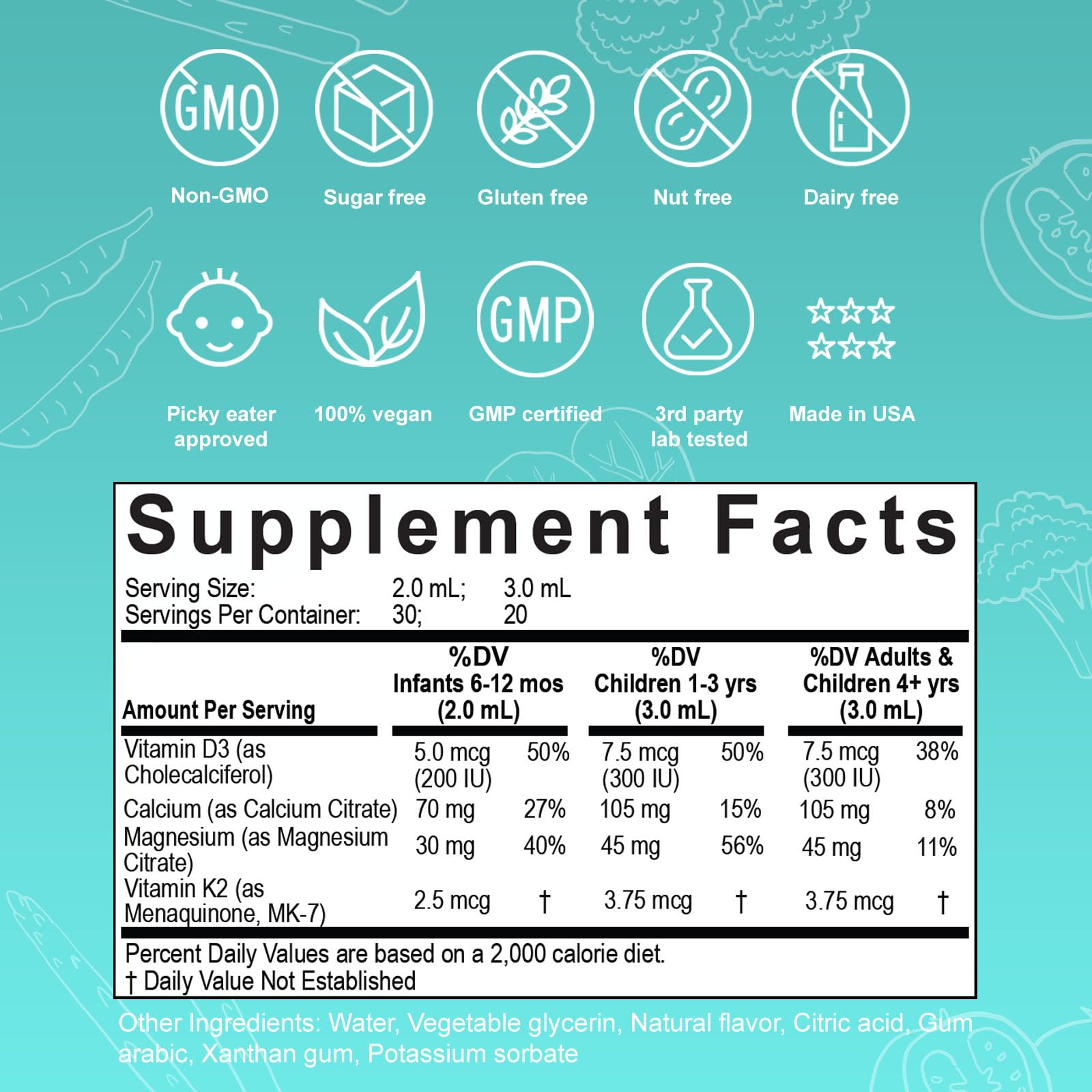 Nuvamin etiqueta con vitaminas D3 K2 y lista de ingredientes limpios