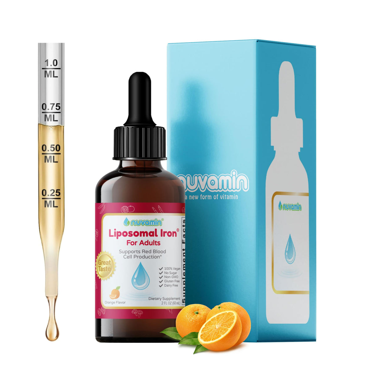 Nuvamin envase frontal mostrando tamaño y sabor naranja para toma diaria
