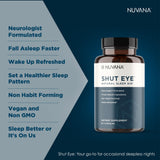 Nuvana Shut Eye etiqueta nutricional cercana indicando 5 mg melatonina y lista de ingredientes
