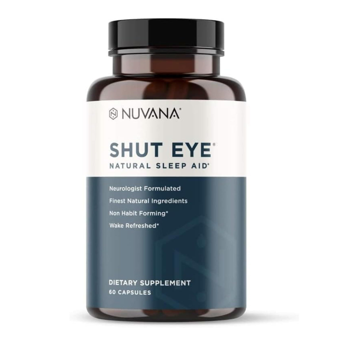 Nuvana Shut Eye vista frontal del envase mostrando diseño y cantidad 60 cápsulas