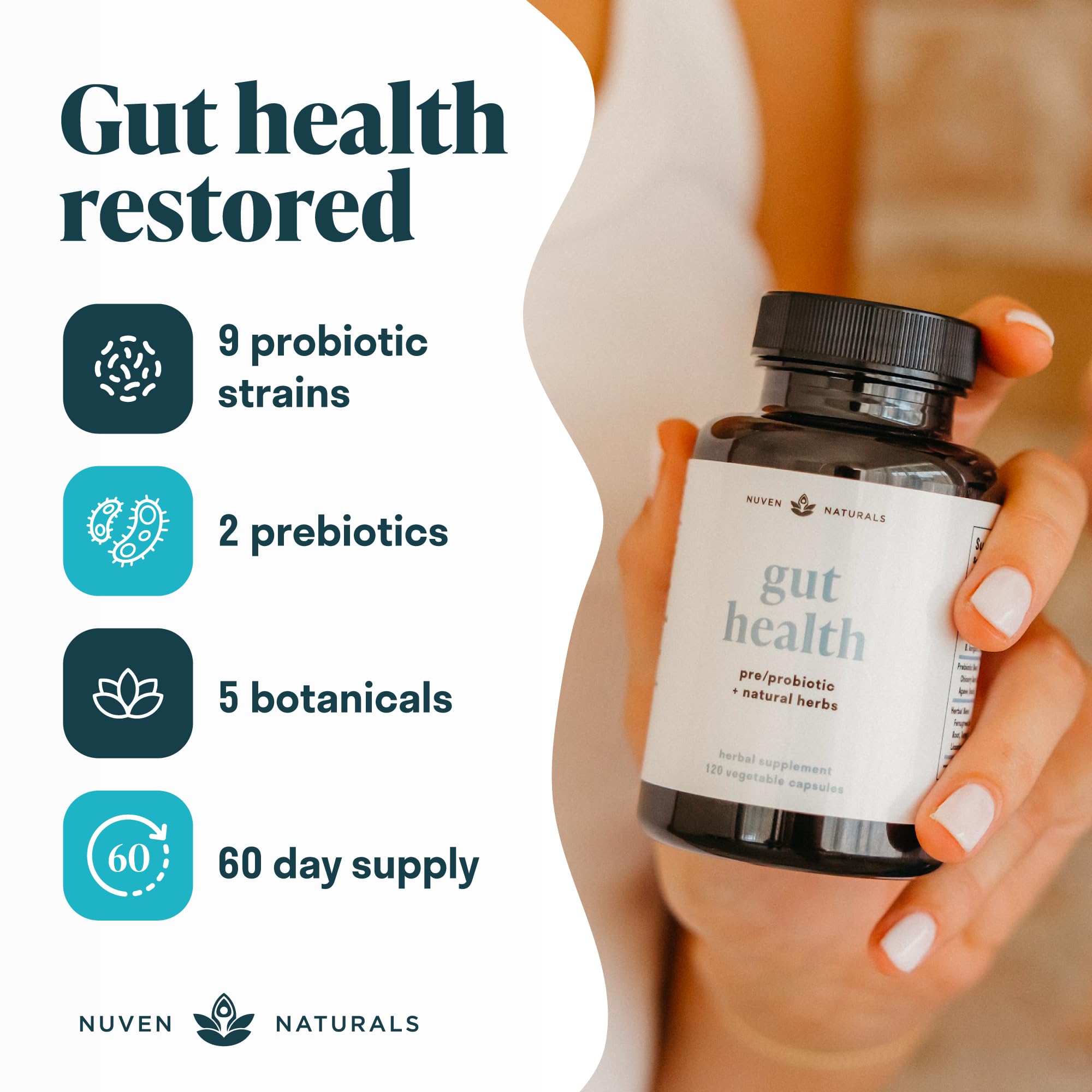 Nuven Naturals ingredientes agrupados: probióticos y prebióticos para equilibrio intestinal