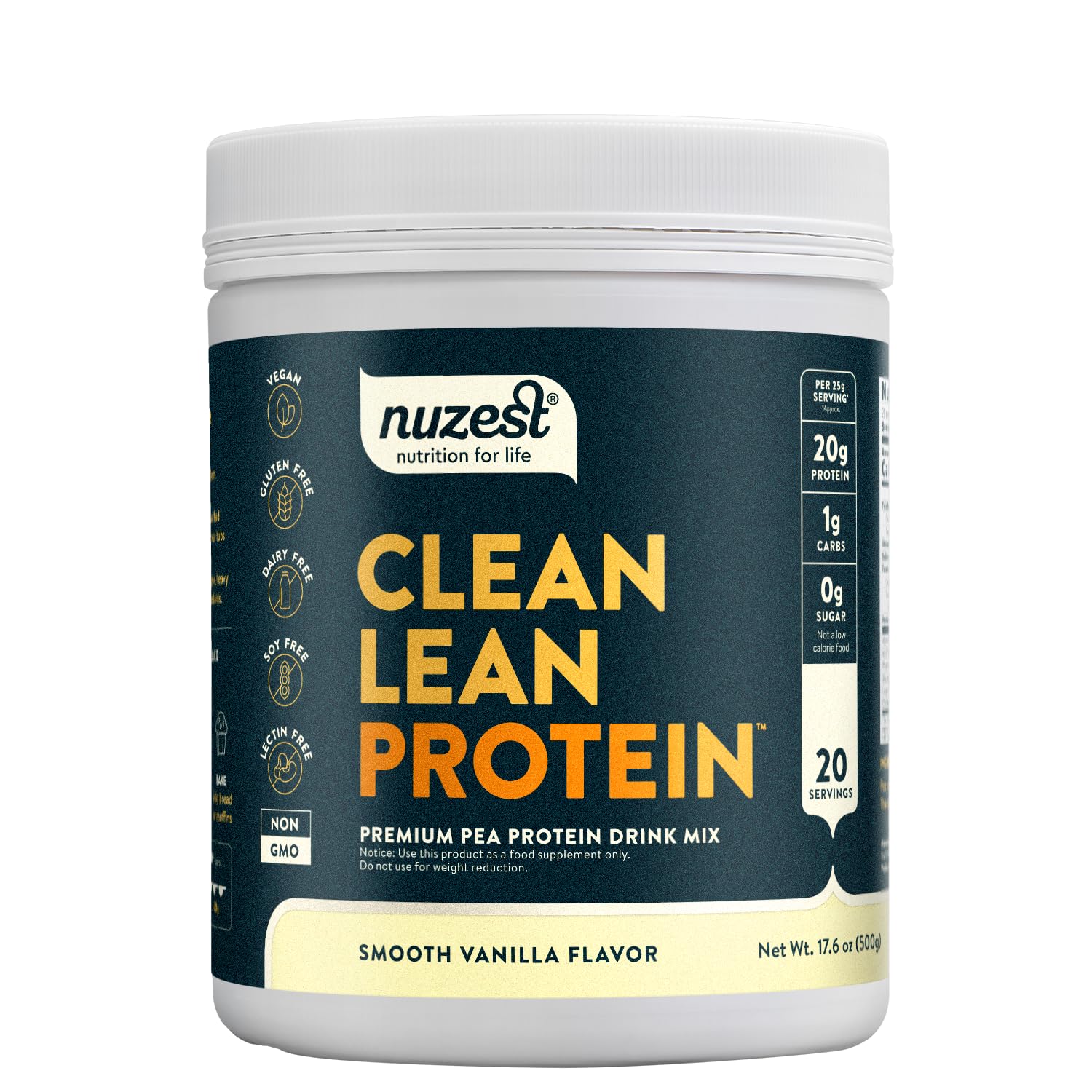Nuzest envase frontal mostrando marca y sabor vainilla, claridad del producto