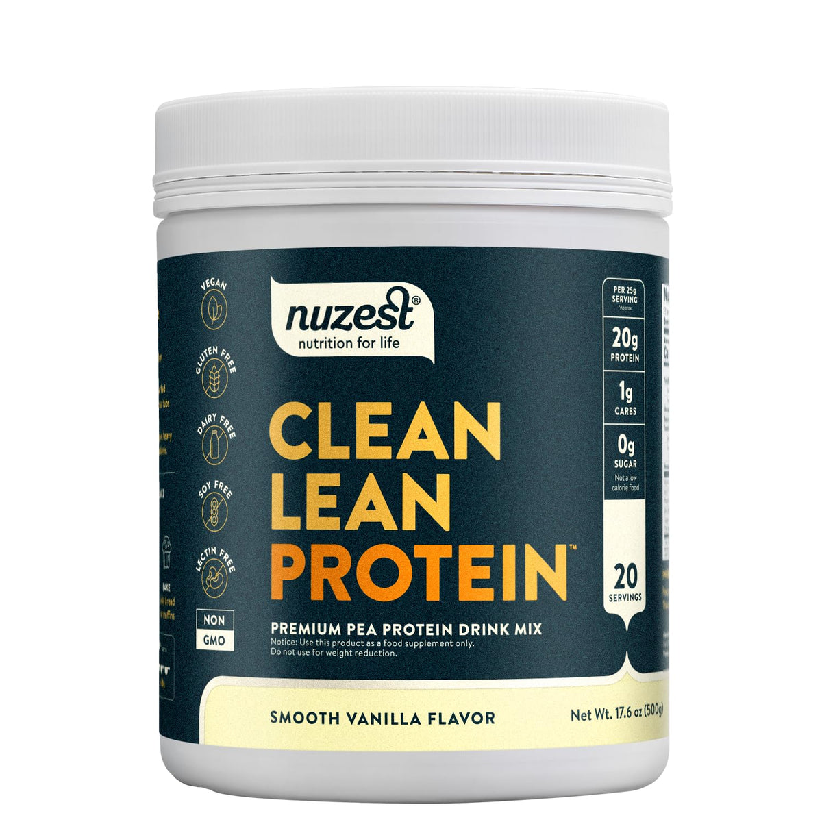 Nuzest envase frontal mostrando marca y sabor vainilla, claridad del producto