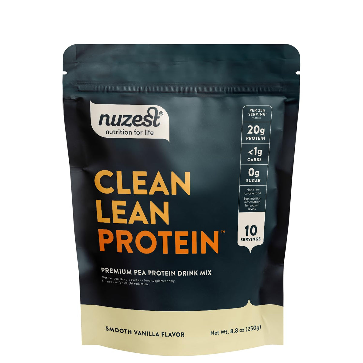 Nuzest envase frontal muestra diseño y tamaño, facilita identificación del producto