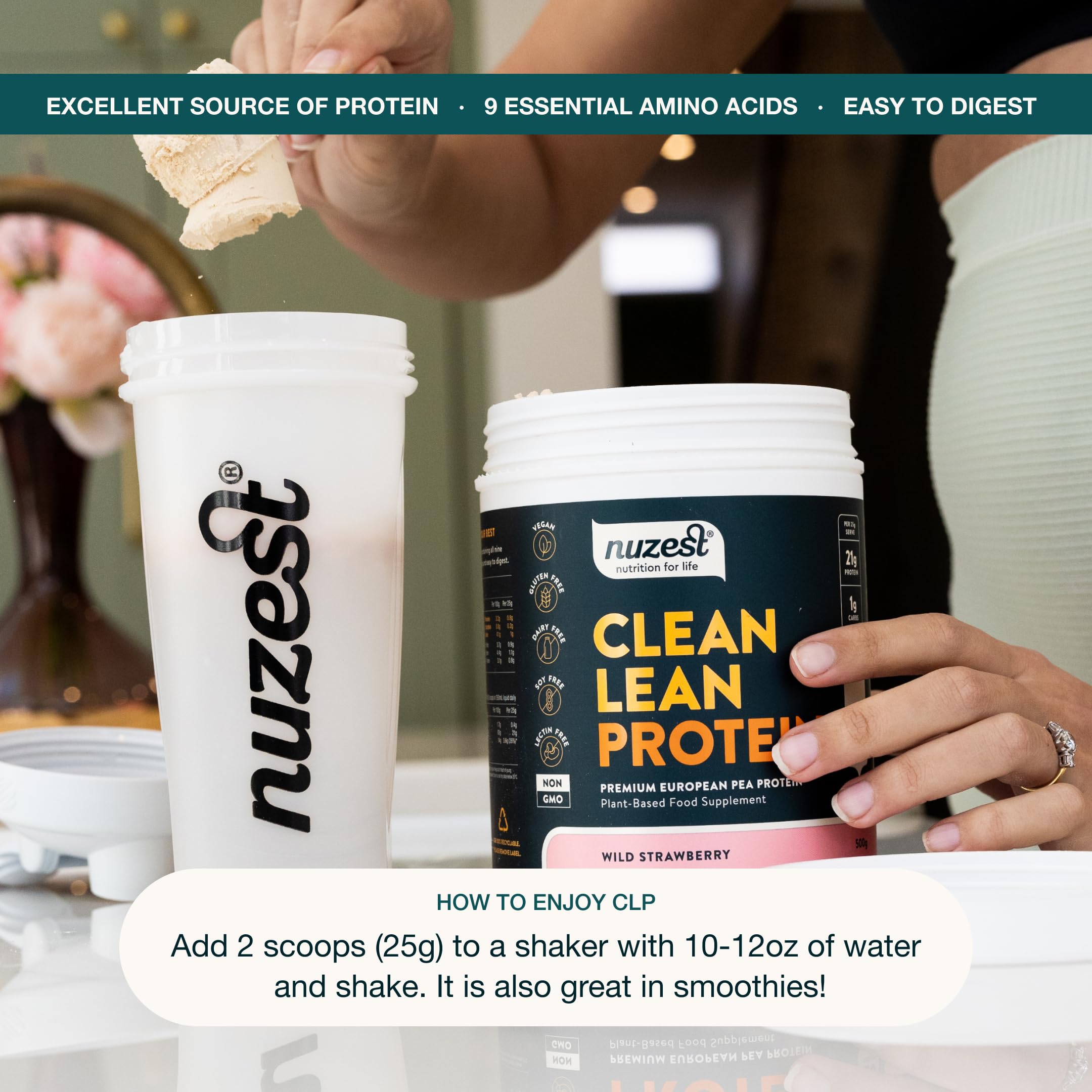 Nuzest detalle de etiqueta nutricional mostrando 20 g de proteína por porción
