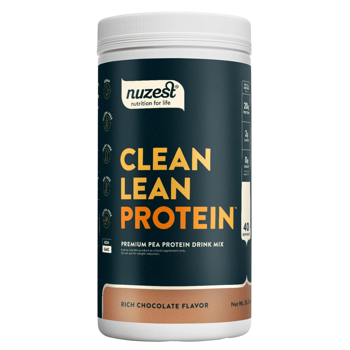Nuzest empaque frontal que muestra sabor Rich Chocolate y beneficios claros