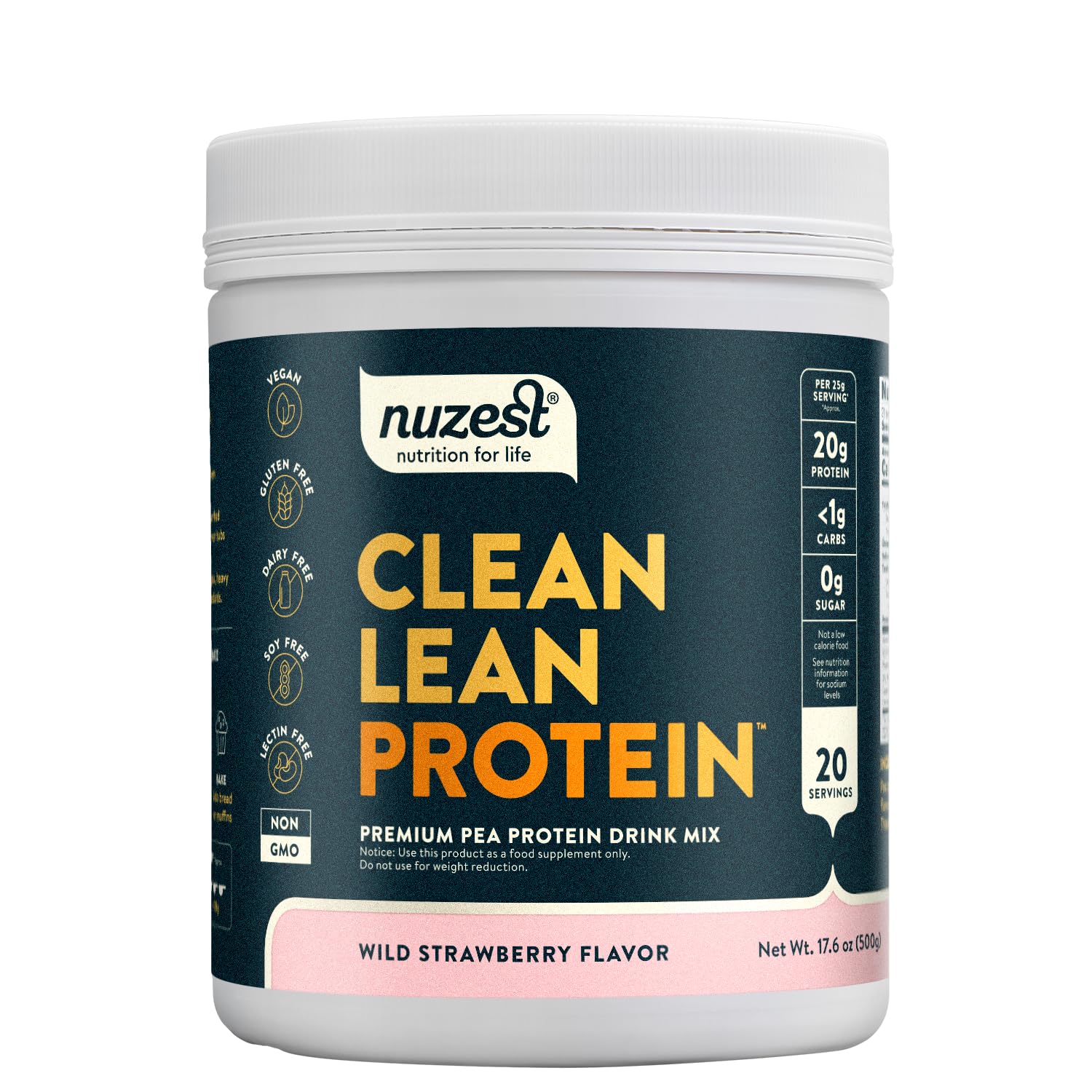 Nuzest envase frontal Wild Strawberry mostrando sello vegano y beneficios