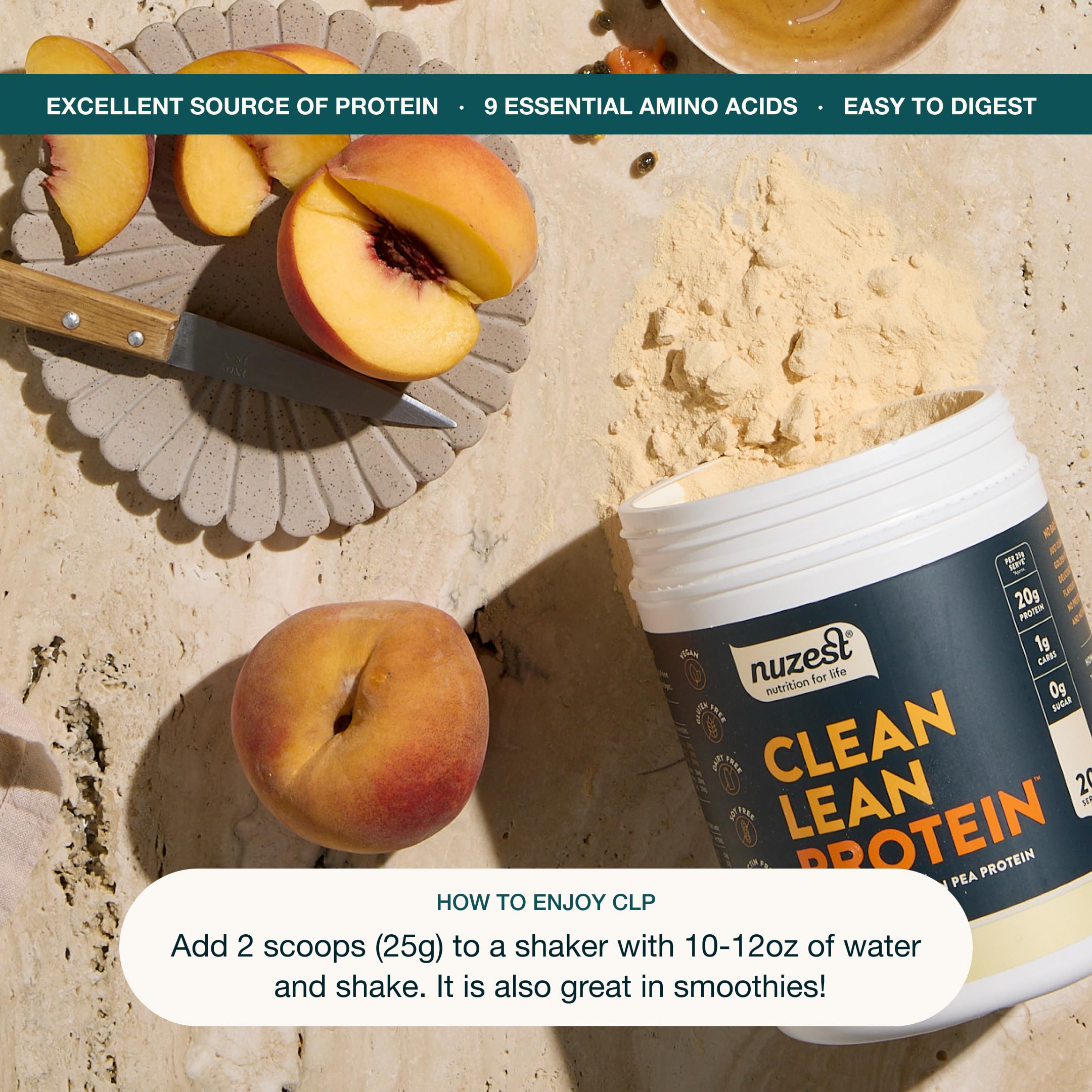 Nuzest cuchara con porción medida, demuestra cantidad por servicio