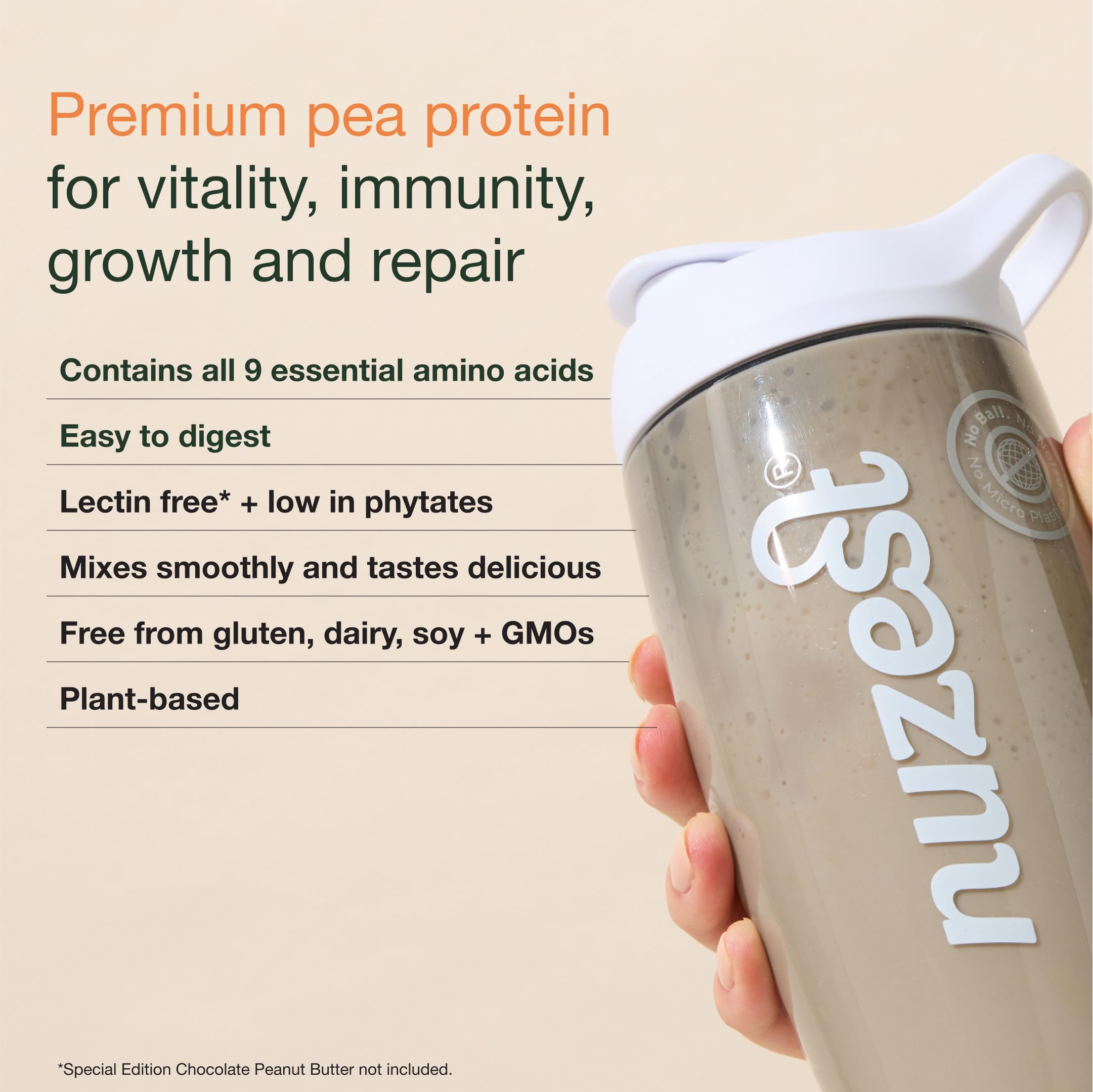 Nuzest textura en polvo cercana, muestra solubilidad y pureza