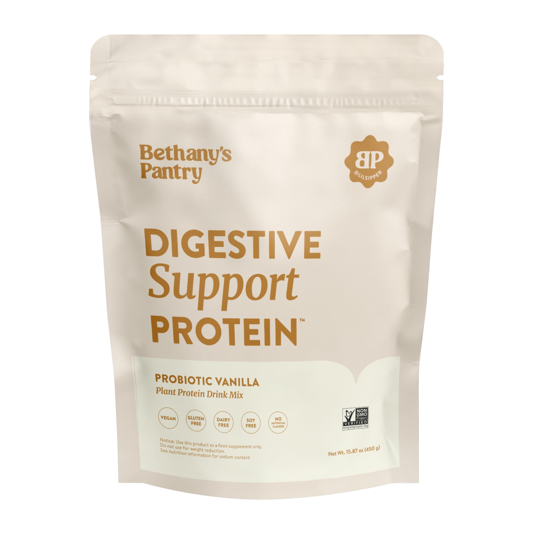 Nuzest envase frontal de Digestive Support Protein vainilla mostrando diseño y tamaño — claridad del producto