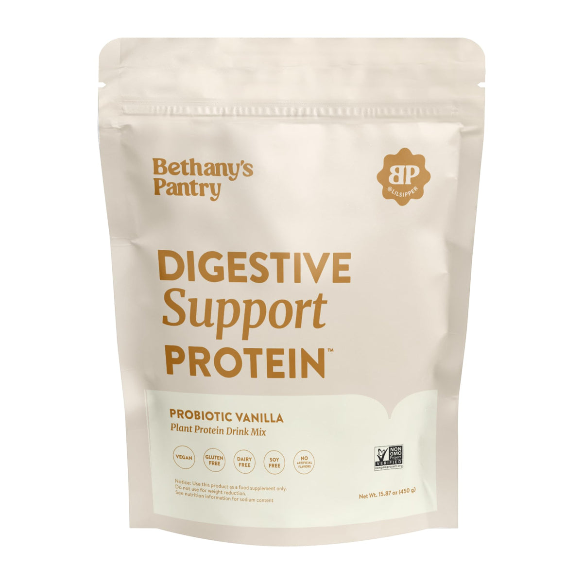 Nuzest envase frontal de Digestive Support Protein vainilla mostrando diseño y tamaño — claridad del producto