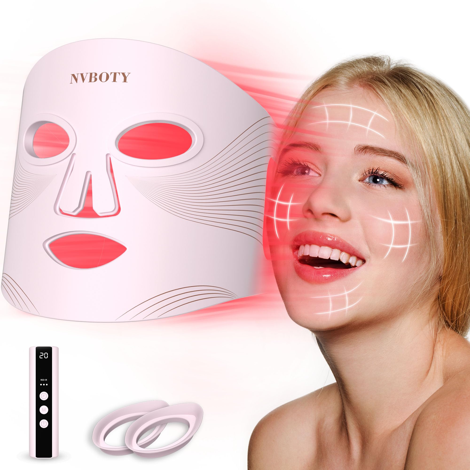 NVBOTY mascarilla frontal mostrando 400 LEDs y diseño ergonómico para tratamientos faciales