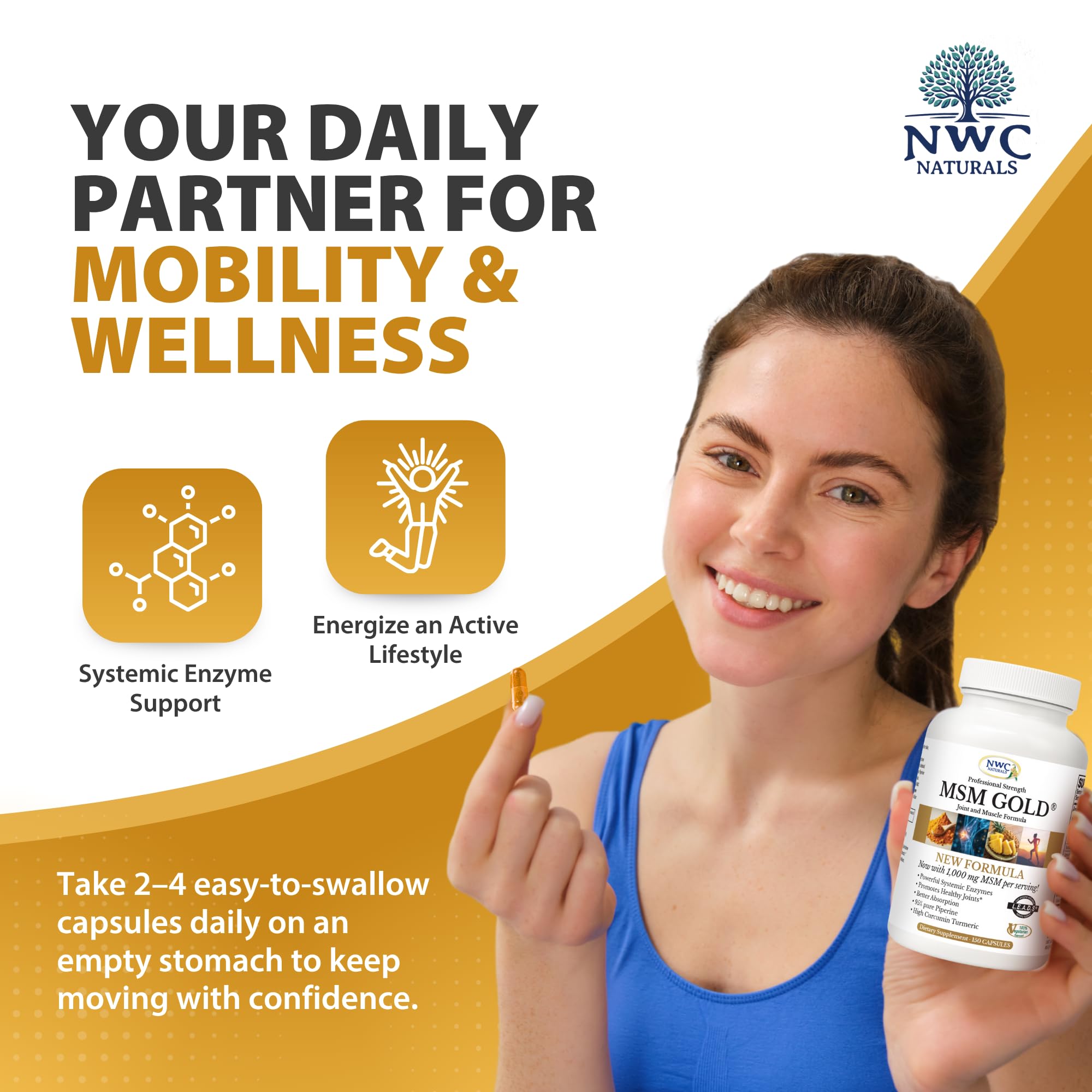 NWC Naturals cápsulas en mano para comparar tamaño y dosificación