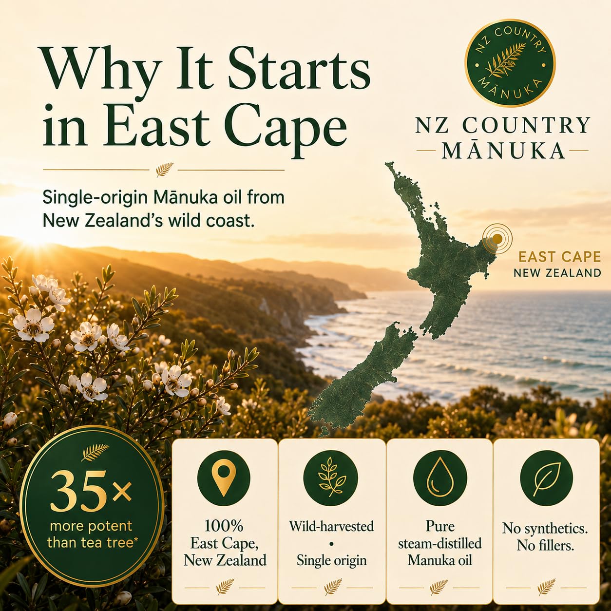 NZ Country Manuka escala de tamaño junto a monedas para referencia