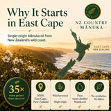 NZ Country Manuka escala de tamaño junto a monedas para referencia