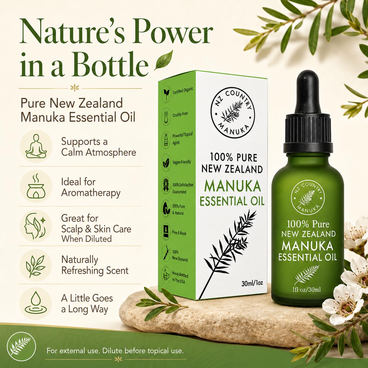 NZ Country Manuka gota de aceite en piel mostrando textura concentrada