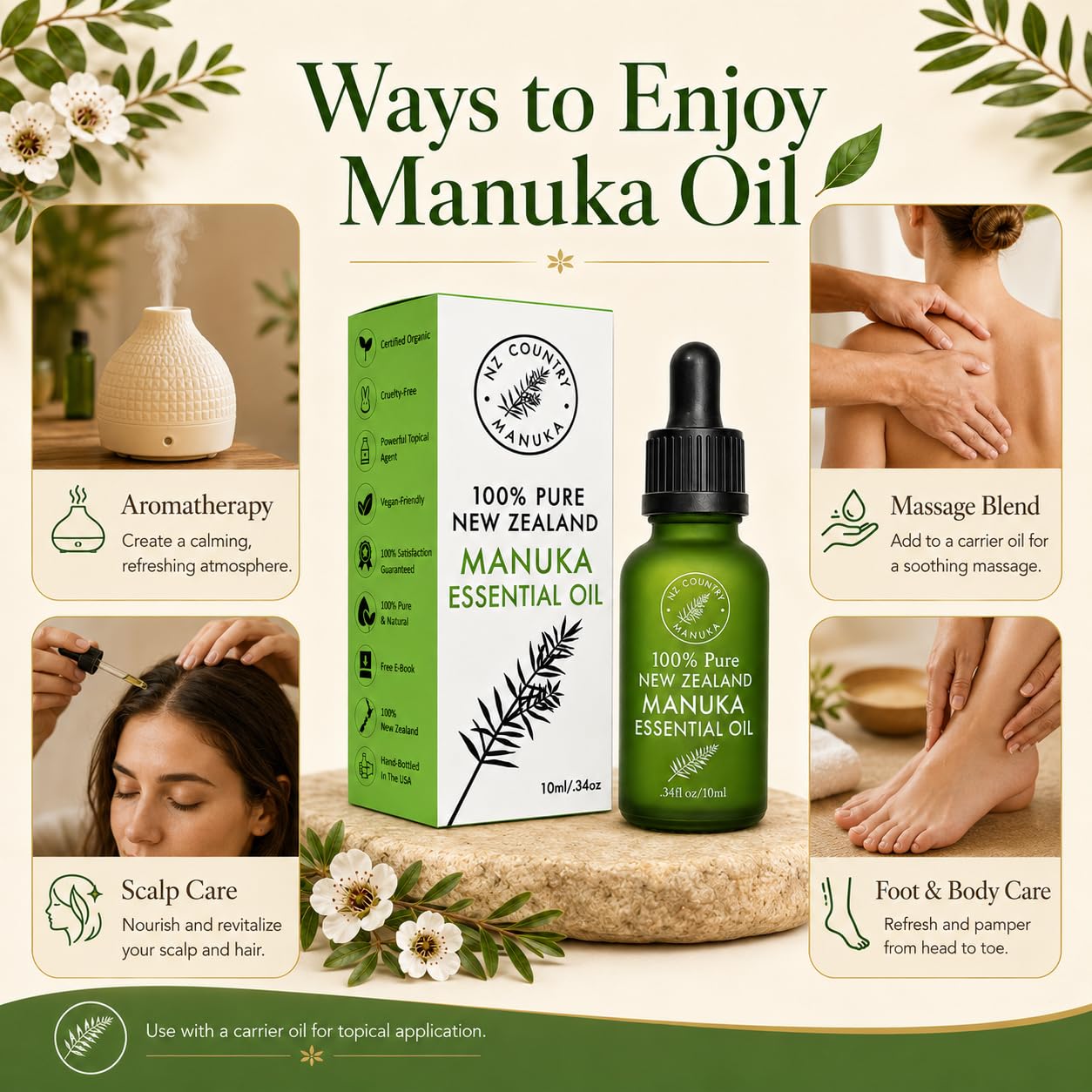 NZ Country Manuka aplicando gotas sobre uñas, favorece cuidado tópico