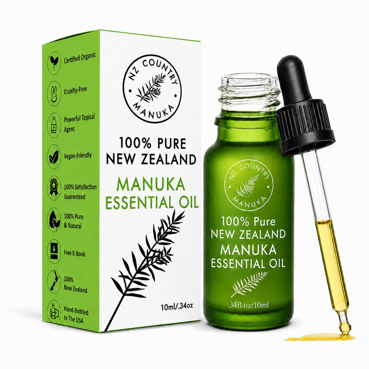 NZ Country Manuka frasco delantero mostrando etiqueta y pureza