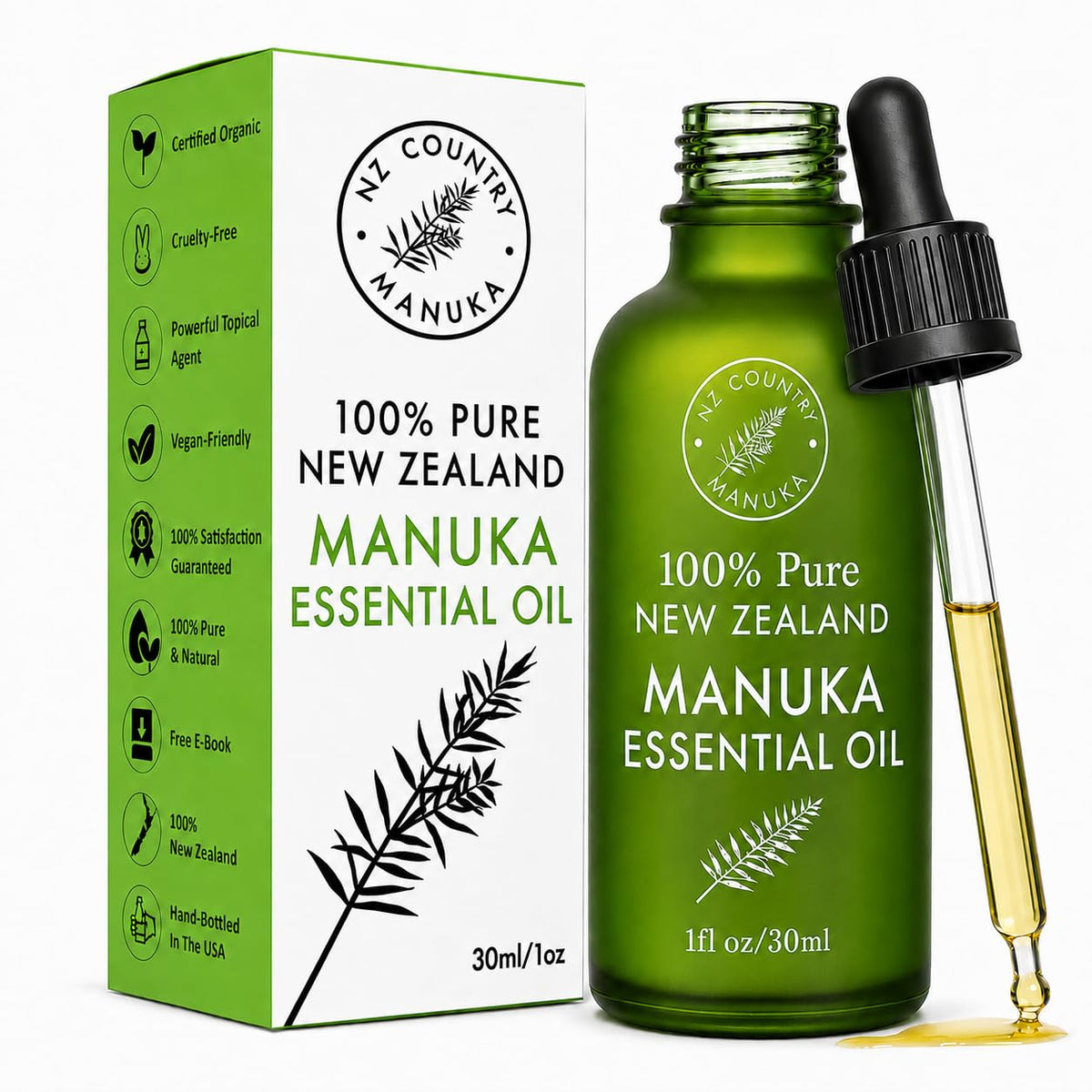 NZ Country Manuka frasco frontal mostrando diseño y pureza del producto