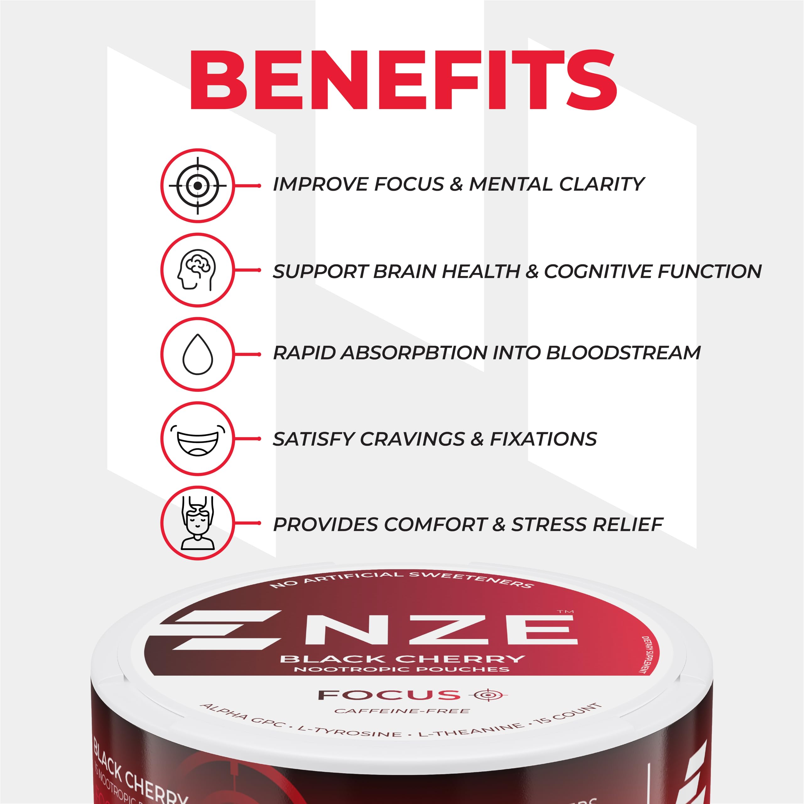 Imagen de ingredientes NZE Alpha GPC L‑Tyrosine L‑Theanine en composición