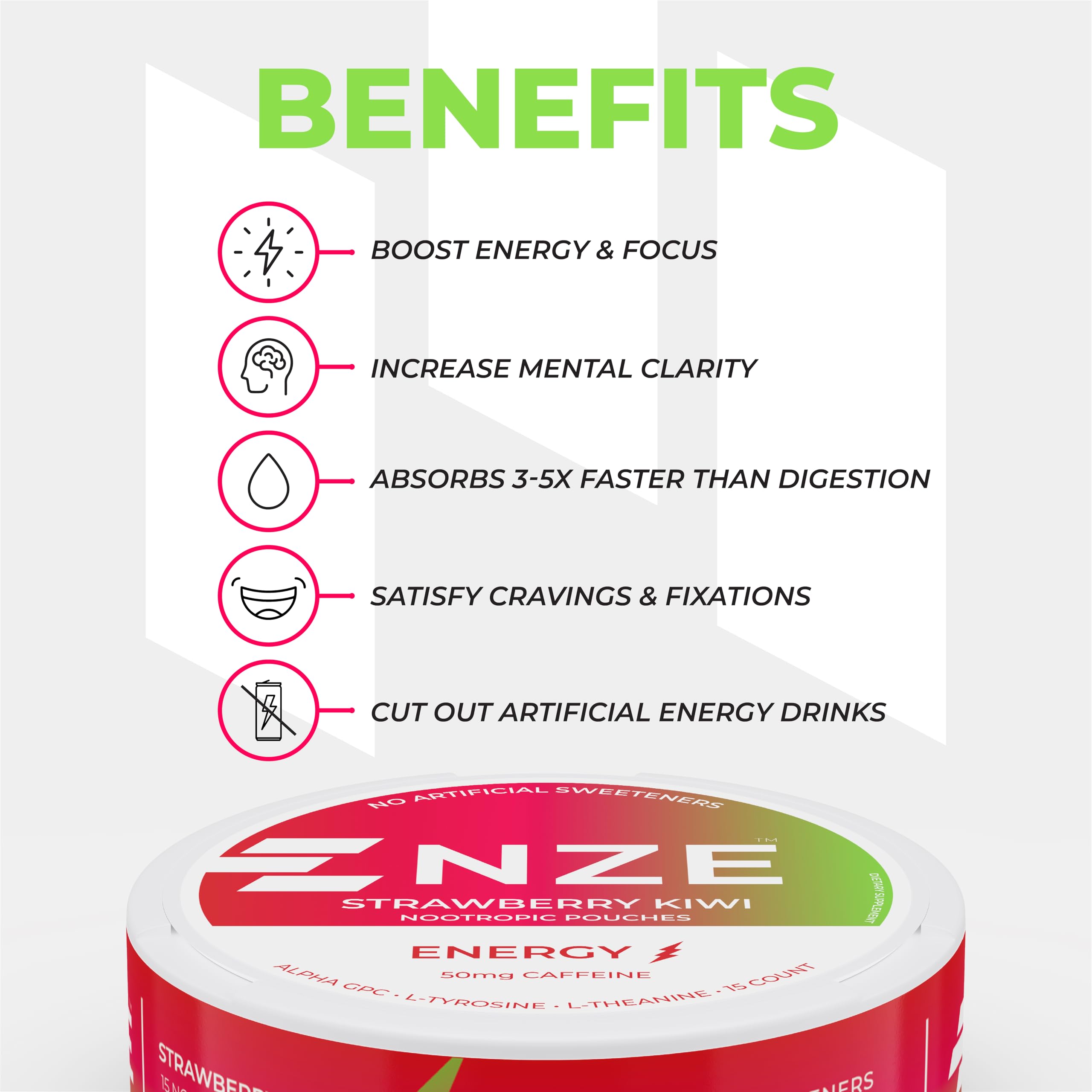 NZE sachets con ingredientes naturales que subrayan ausencia de azúcares artificiales