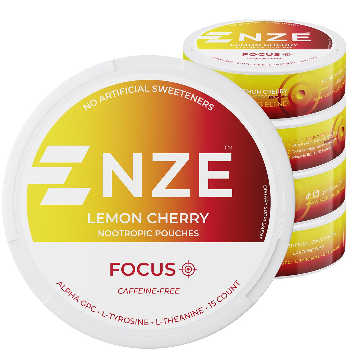 NZE lata frontal limón-cereza mostrando envase y beneficio de enfoque rápido