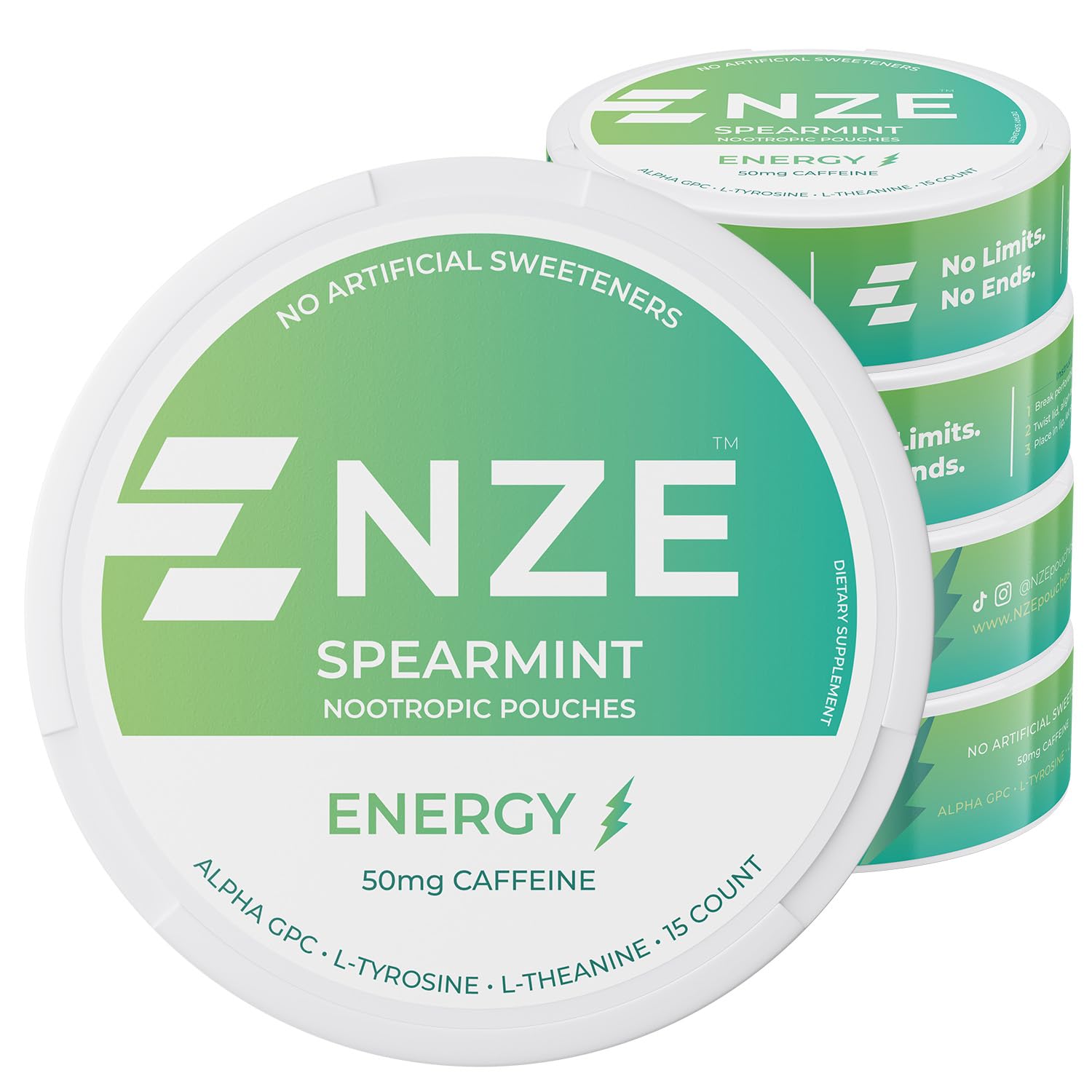 NZE lata frontal Spearmint mostrando diseño y tamaño práctico