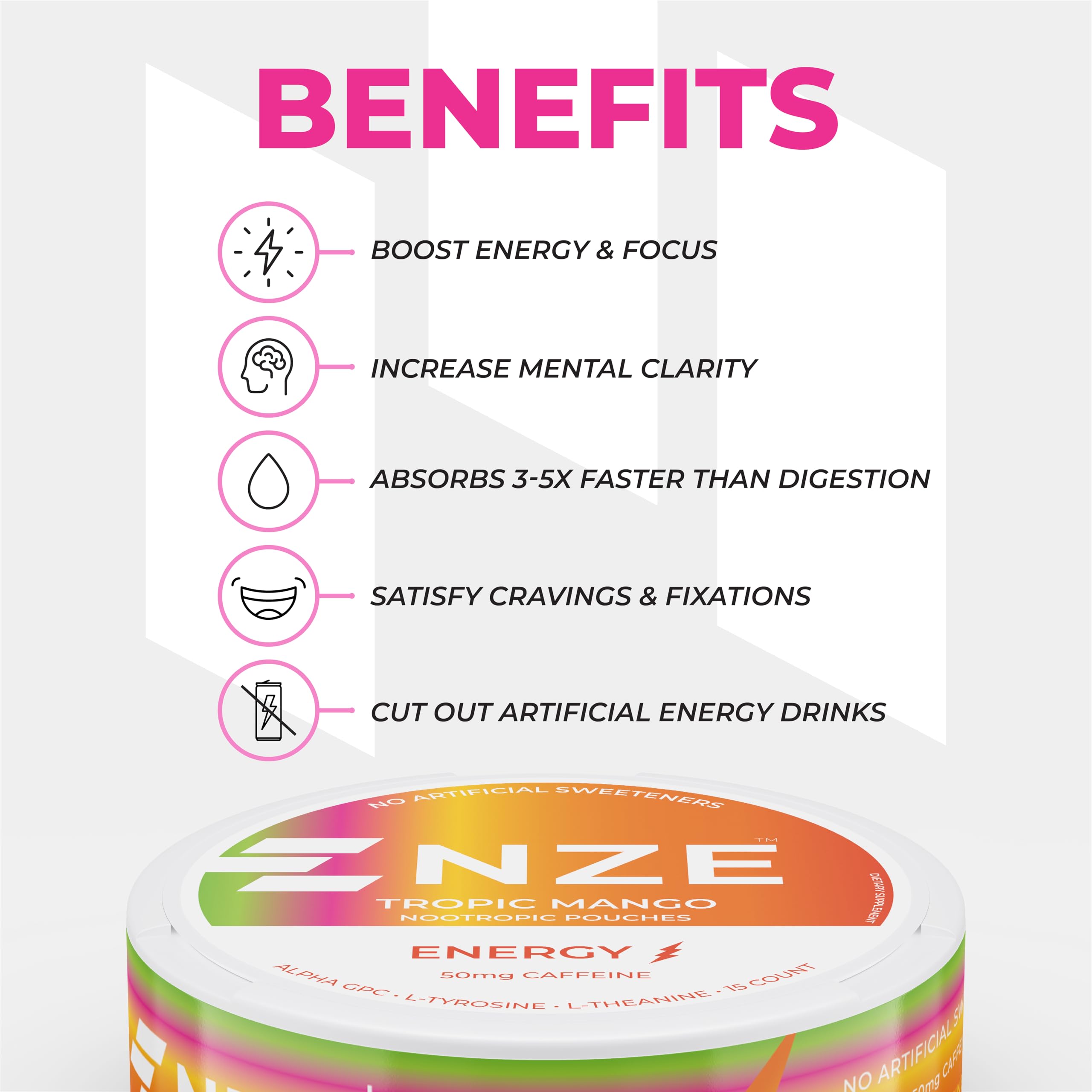 NZE ingredientes visibles y etiqueta con beneficios claros