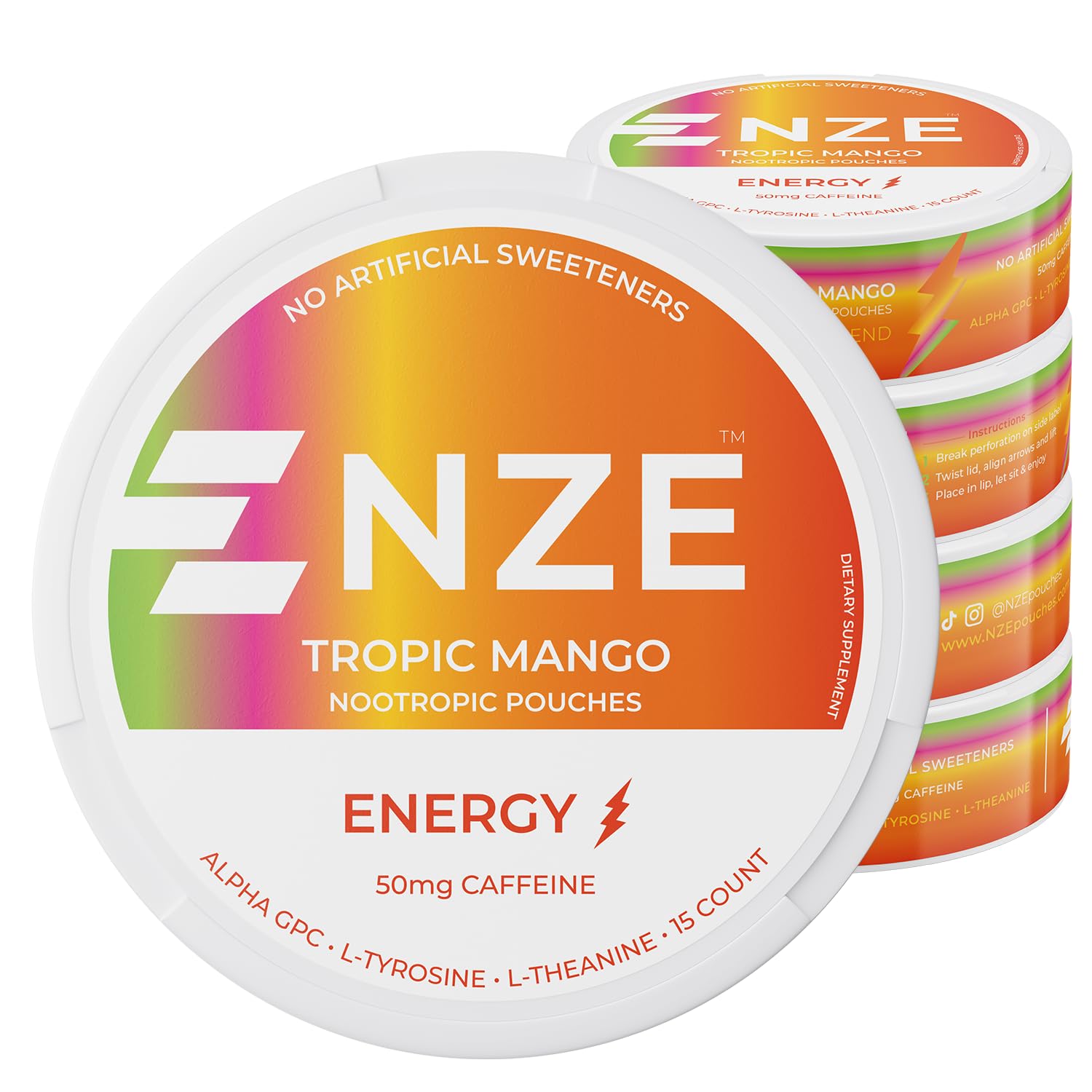 NZE lata frontal Tropic Mango mostrando diseño y portabilidad