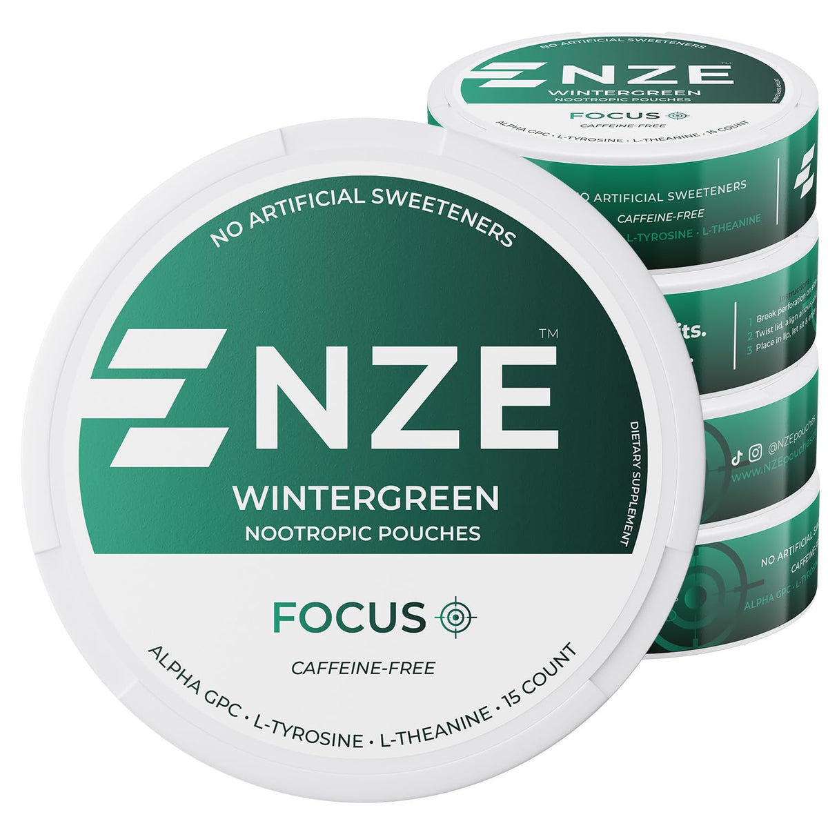 NZE lata frontal mostrando 15 pouches y empaquetado práctico