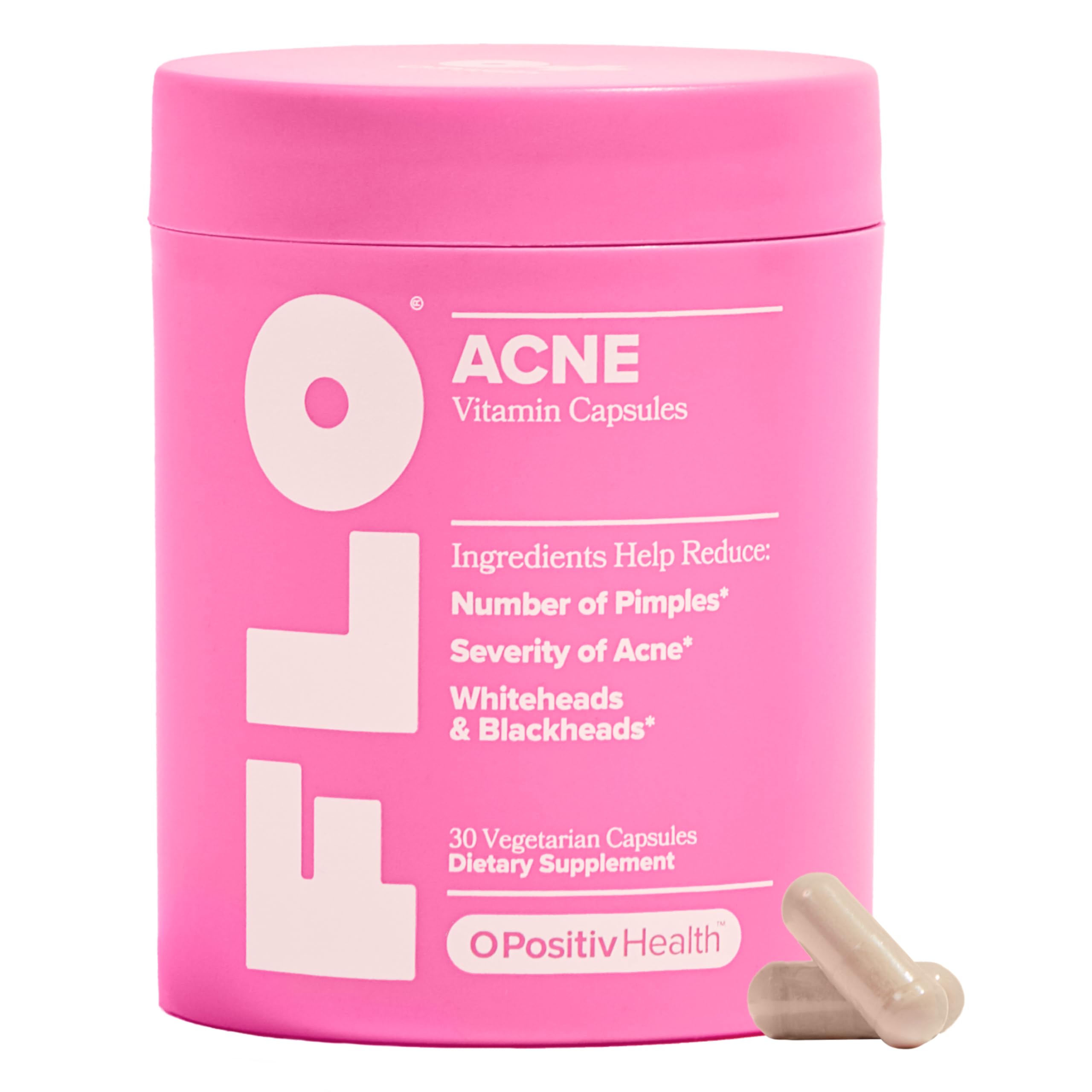 O Positiv envase frontal FLO Acne mostrando la etiqueta y beneficio para piel