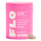 O Positiv envase frontal FLO Acne mostrando la etiqueta y beneficio para piel