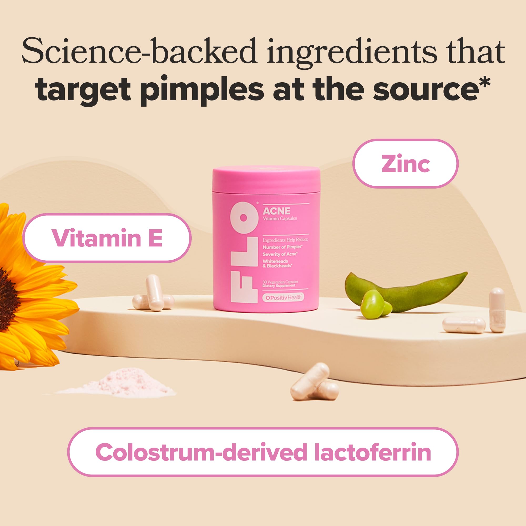 O Positiv primer plano de cápsulas FLO Acne mostrando textura y pureza