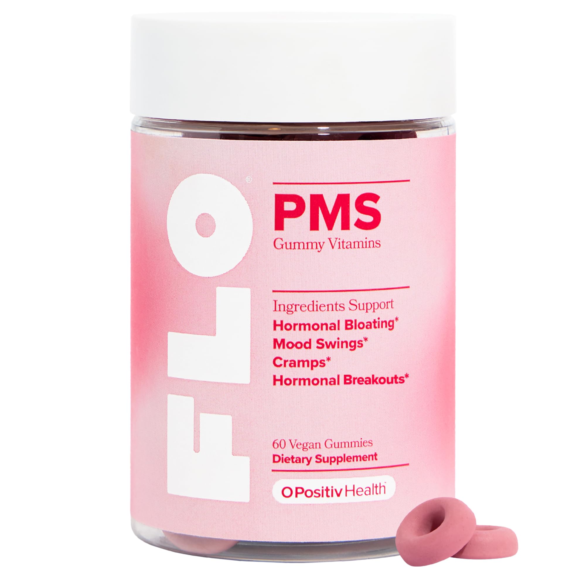 O Positiv FLO gominolas frontal mostrando frasco y beneficio alivio PMS