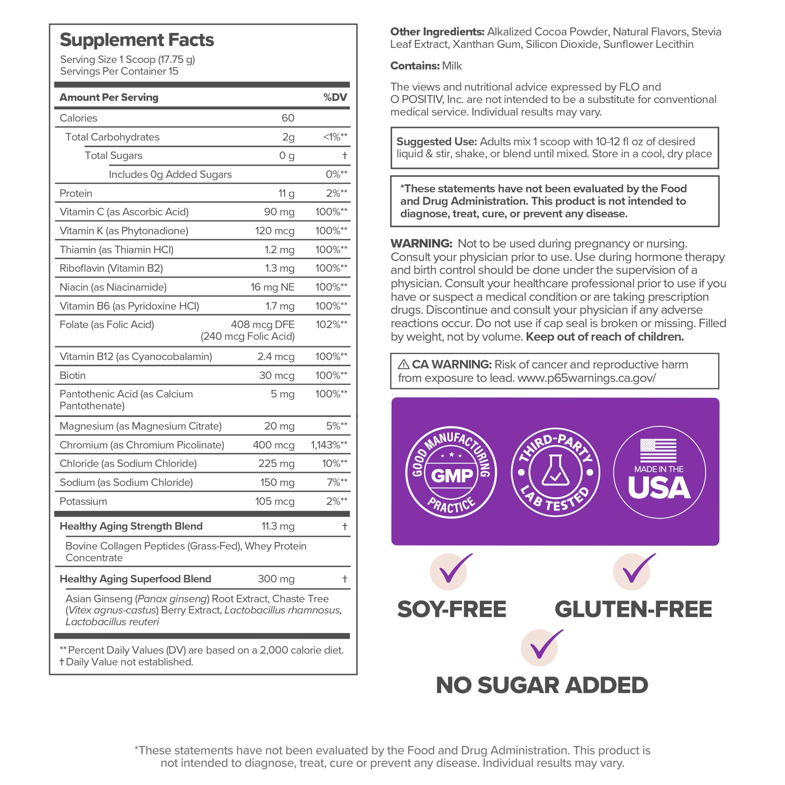 O Positiv etiqueta nutricional MENO, detalles de ingredientes transparentes