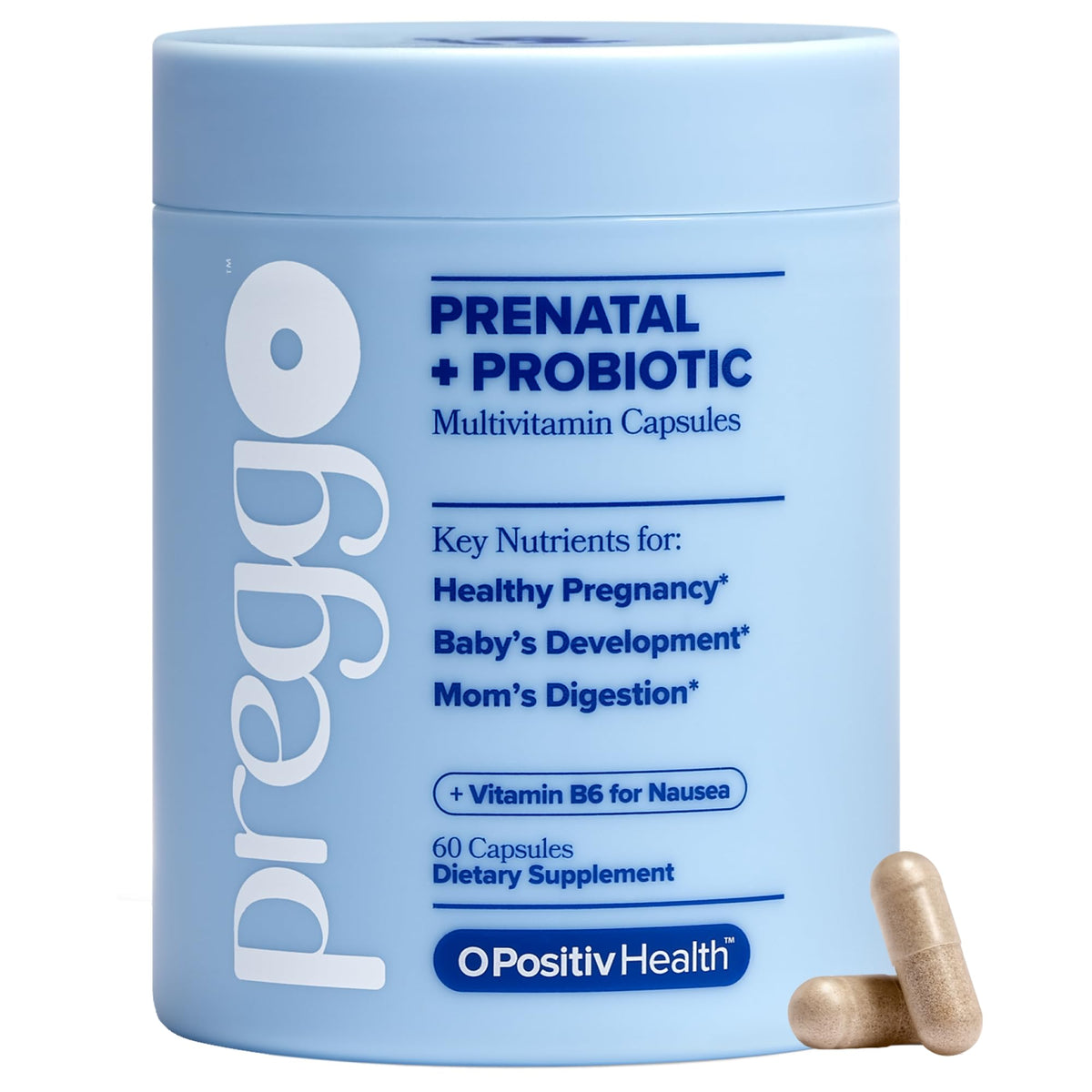 O Positiv frasco frontal mostrando diseño y beneficios claros