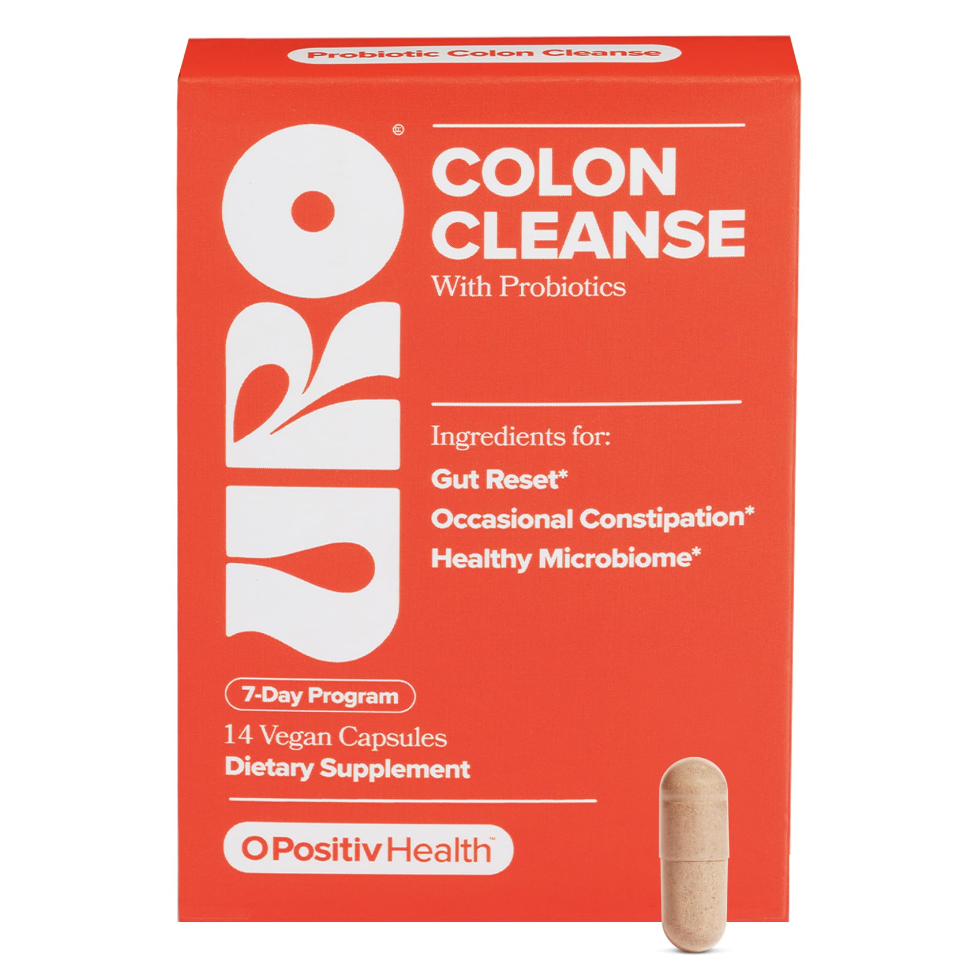 O Positiv frasco frontal mostrando el diseño y beneficio para tránsito intestinal