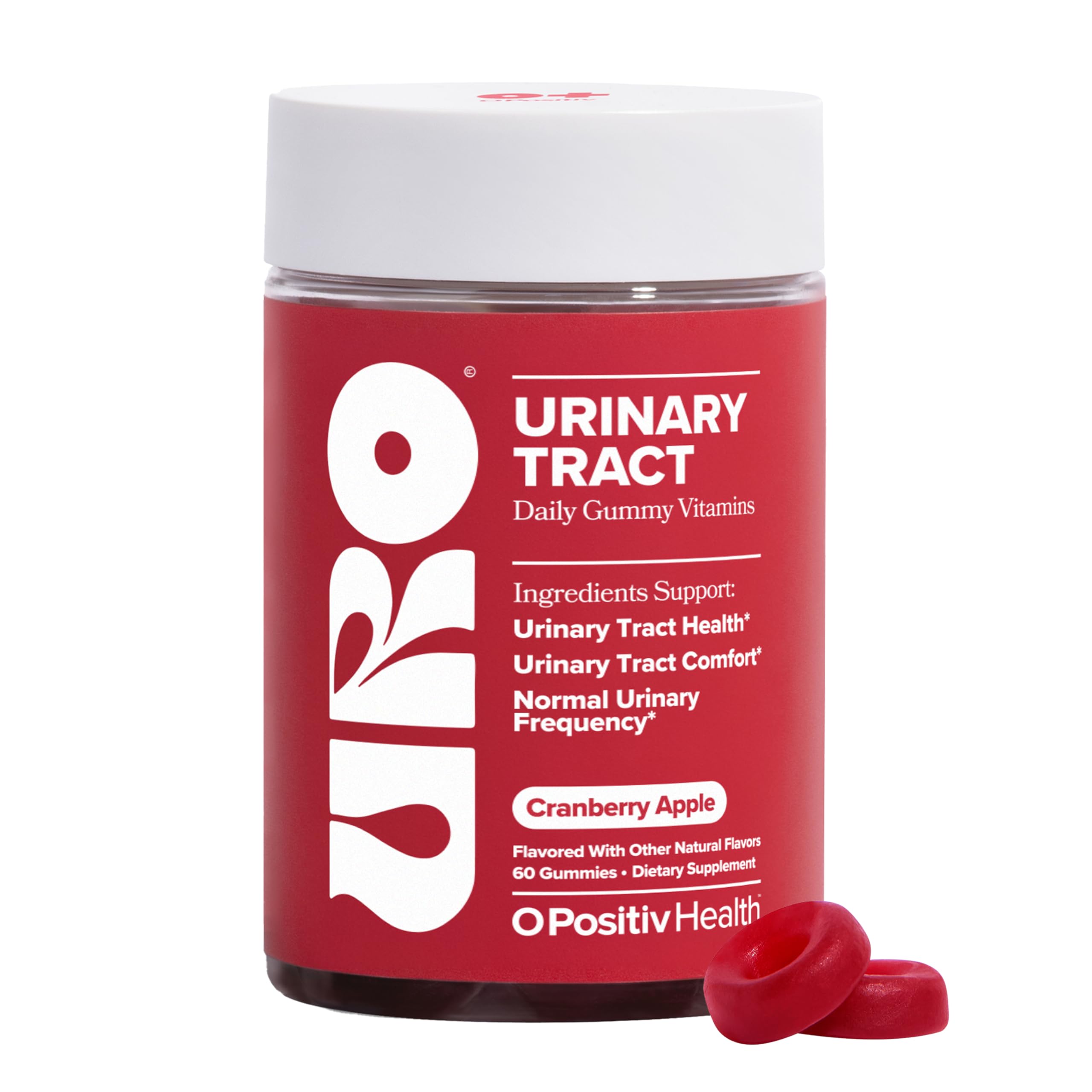 O Positiv envase frontal de URO gomitas para apoyo urinario, conveniente y claro