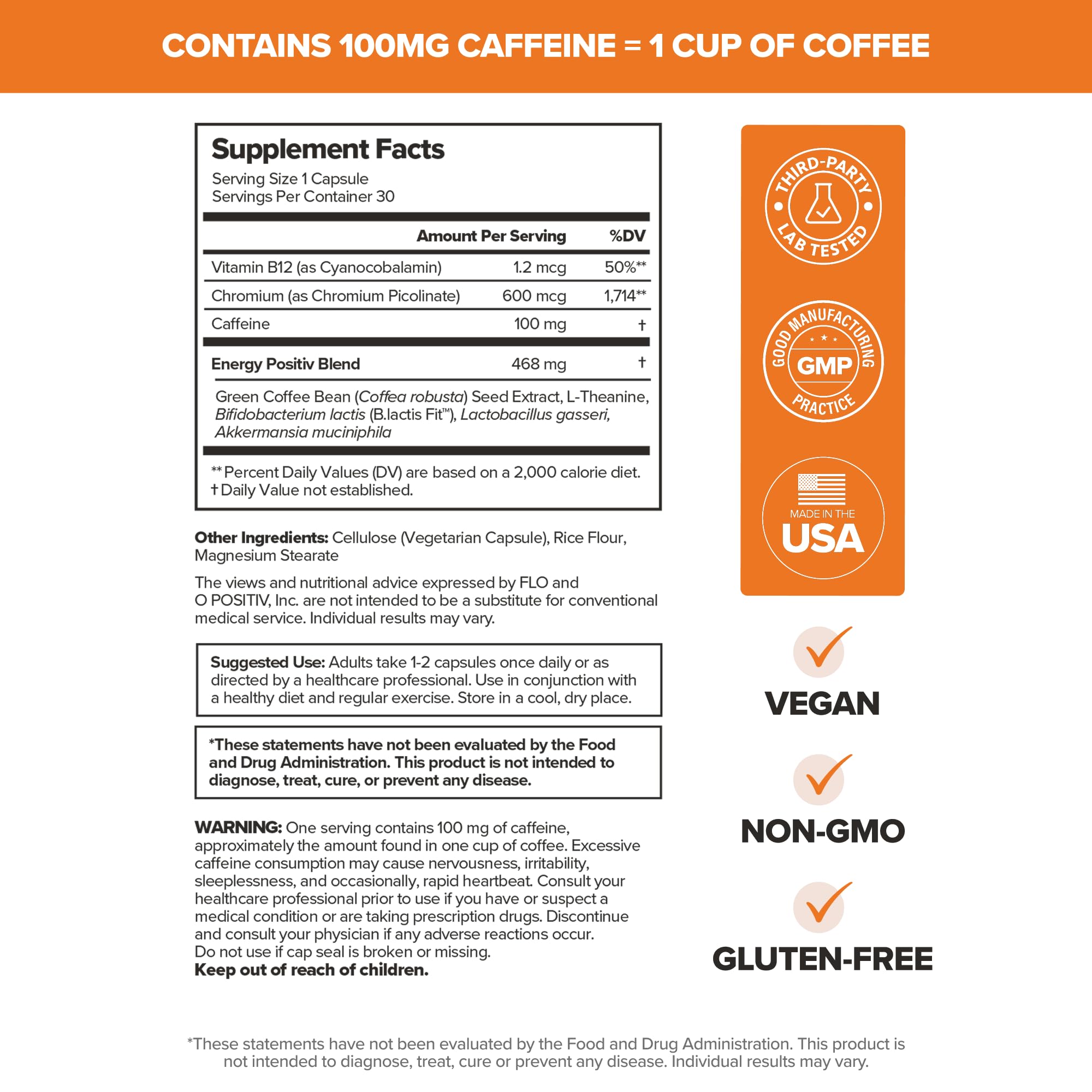 O Positiv ingredientes como café verde y probióticos en primer plano beneficioso