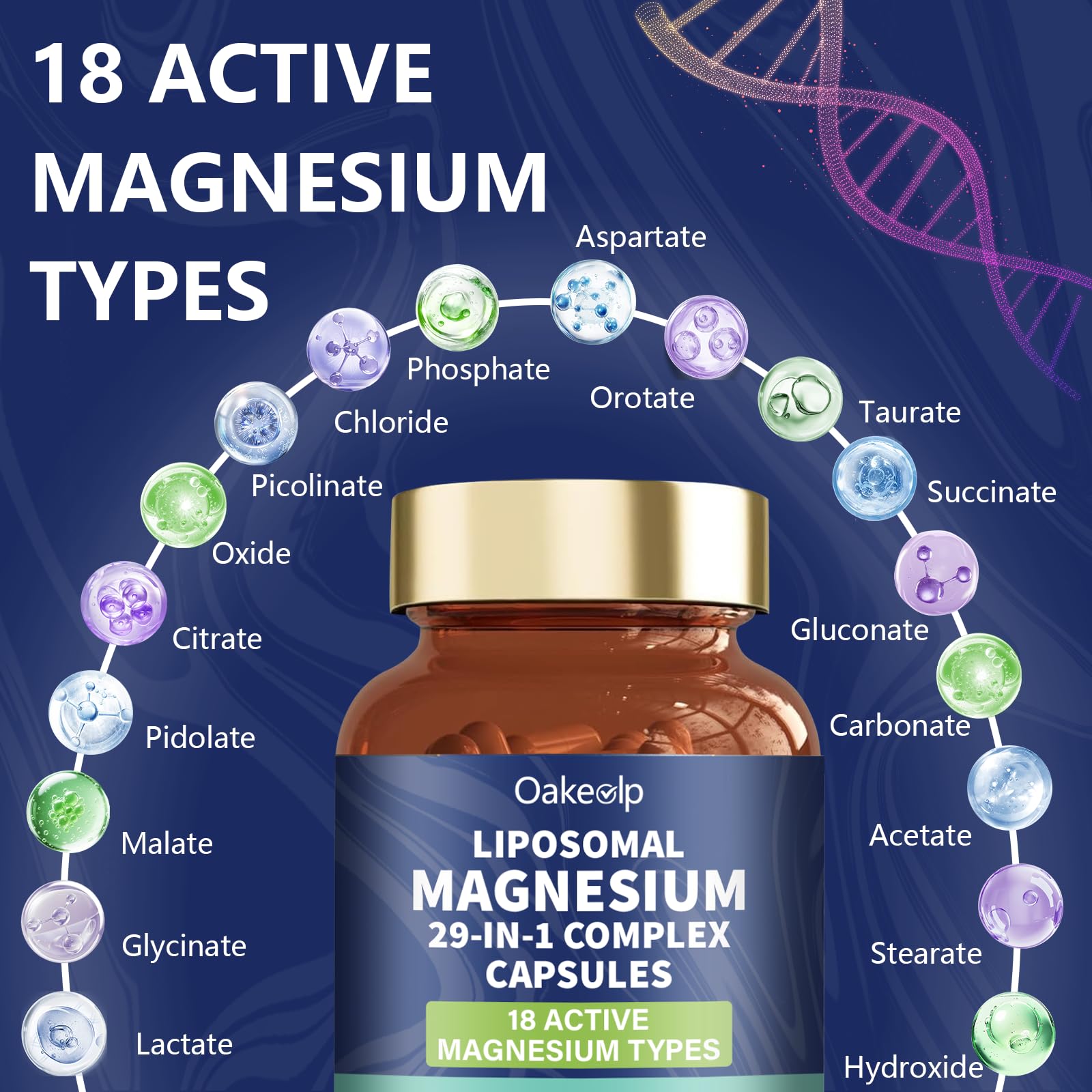 Oakevlp etiqueta con lista de 18 formas de magnesio y vitaminas añadidas