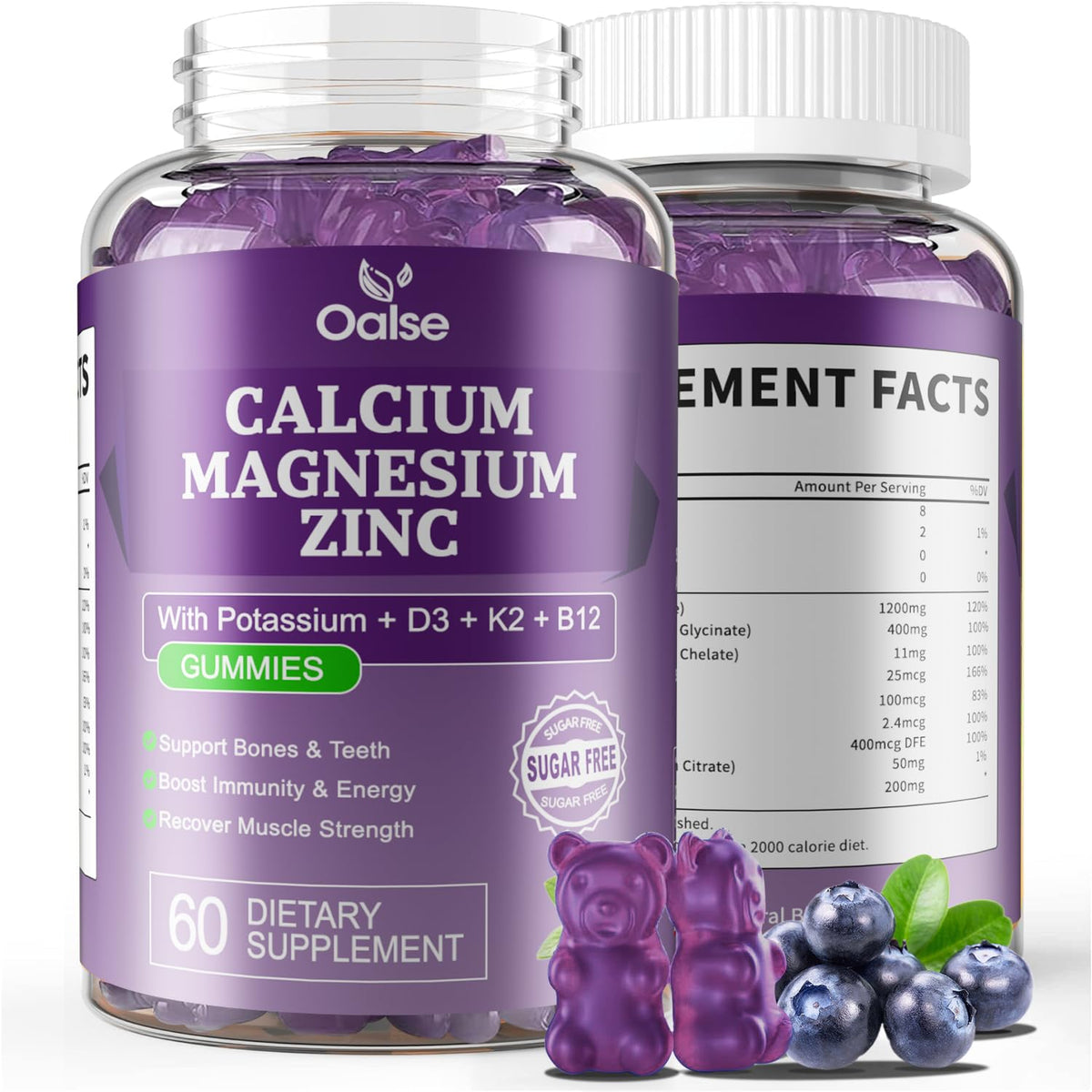 OALSE envase frontal que muestra mezcla de calcio magnesio zinc y vitaminas, práctico para rutina diaria