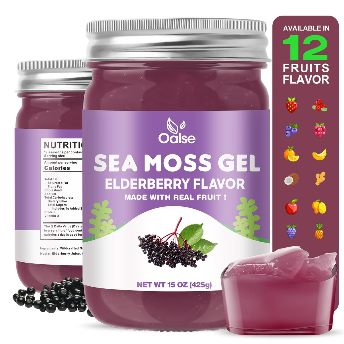 OALSE jar frontal mostrando el gel de sea moss y elderberry, envase claro y descriptivo