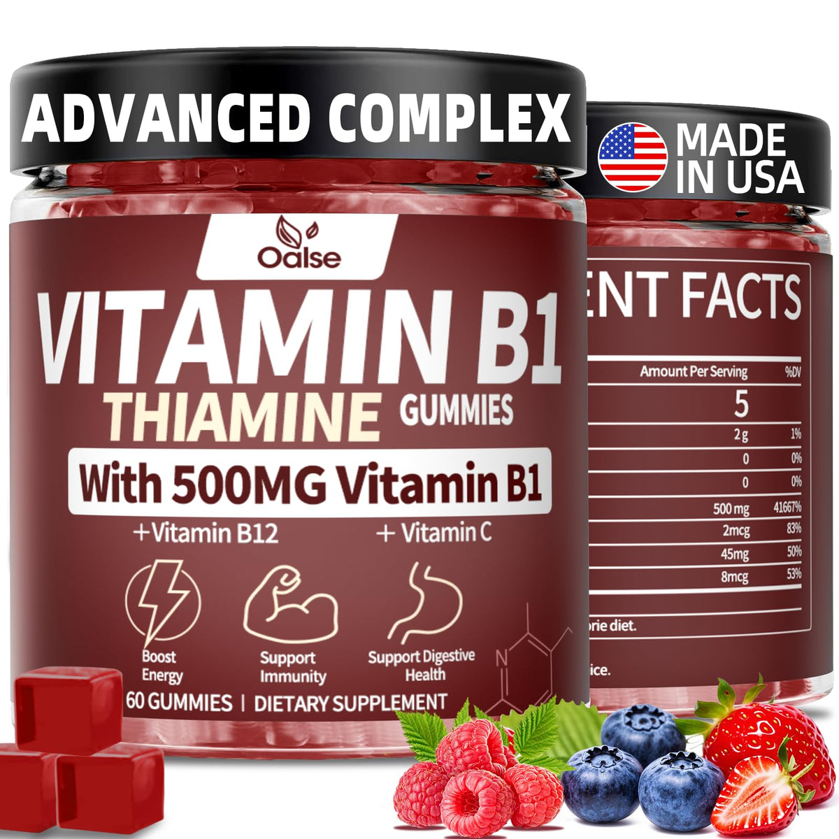 OALSE envase frontal de gomitas Thiamine con diseño y cantidad visible