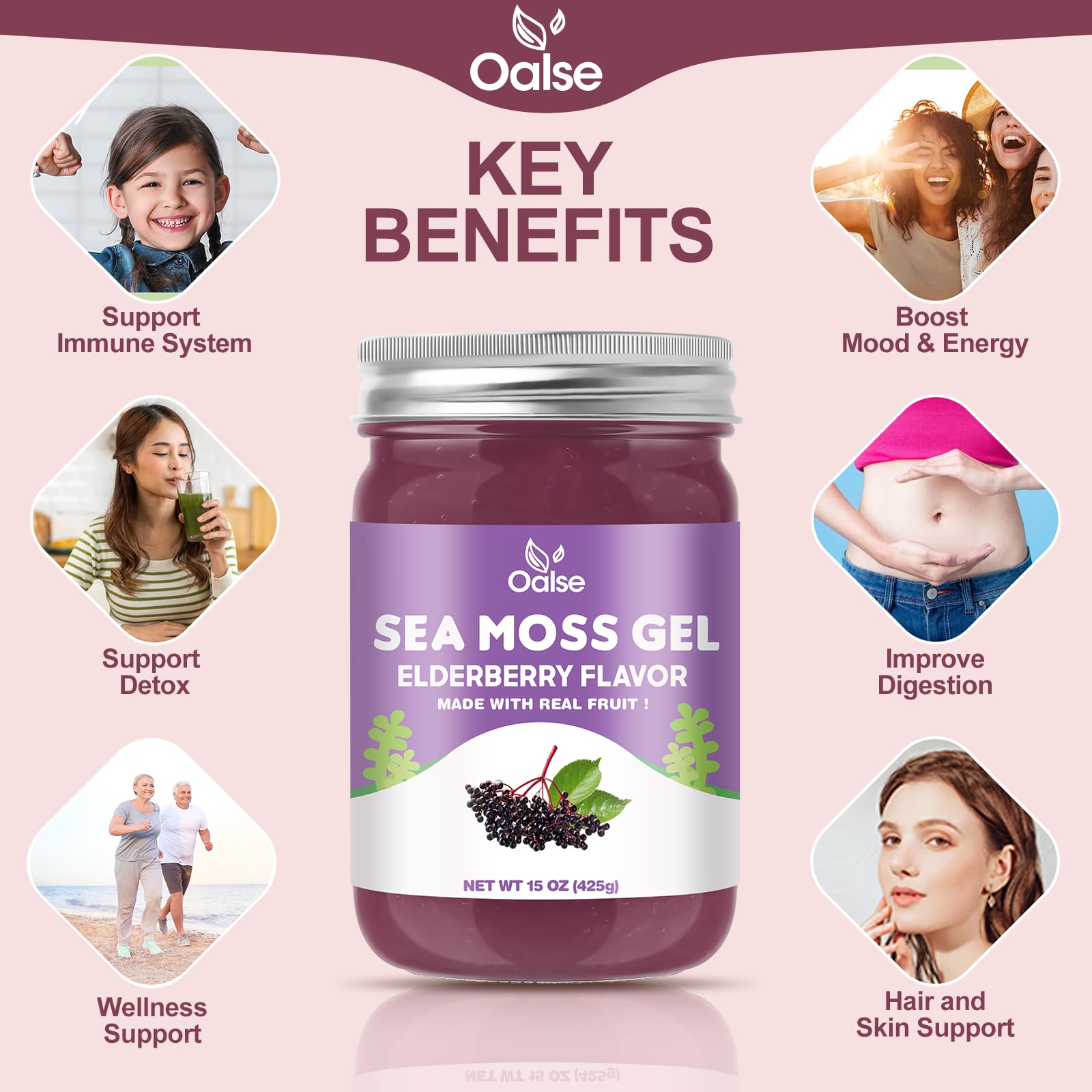 OALSE primer plano de la textura gelatinosa del sea moss gel destacando su consistencia