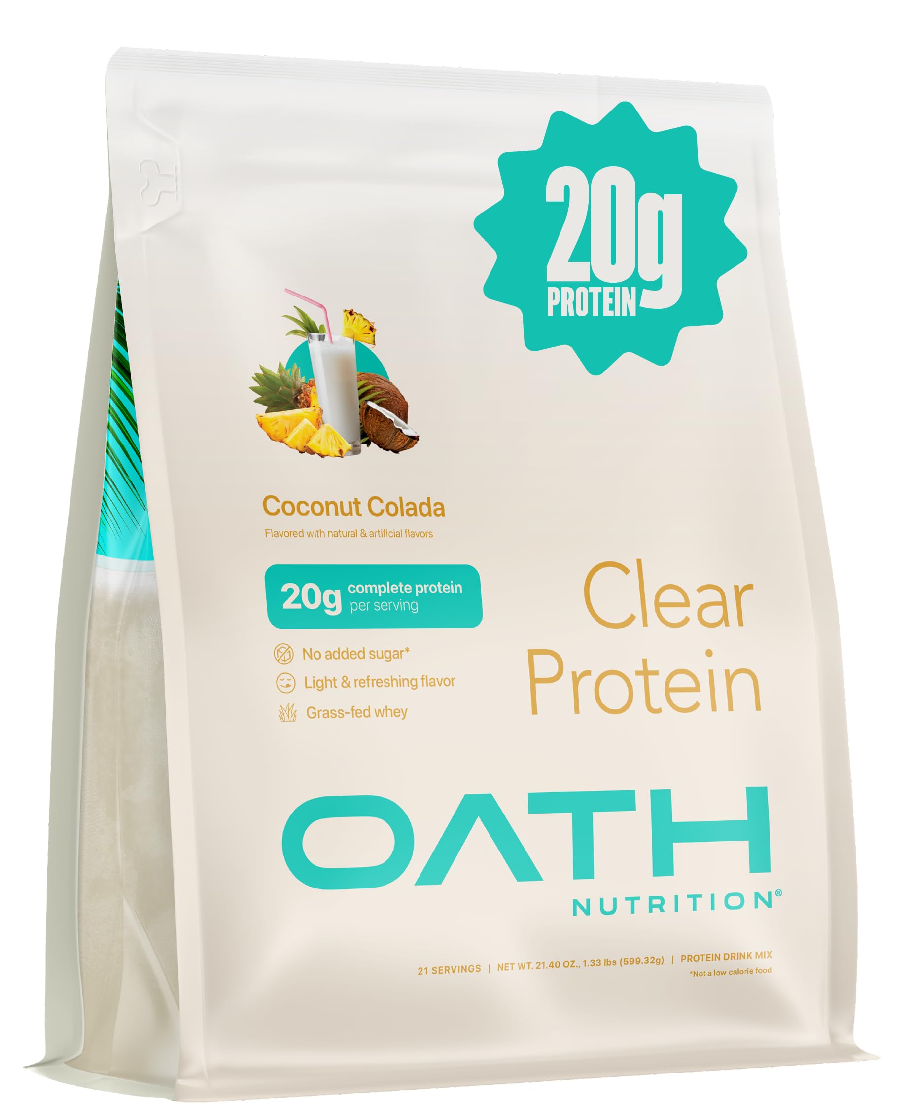 Oath Nutrition envase frontal Coconut Colada, muestra sabor tropical y claridad líquida