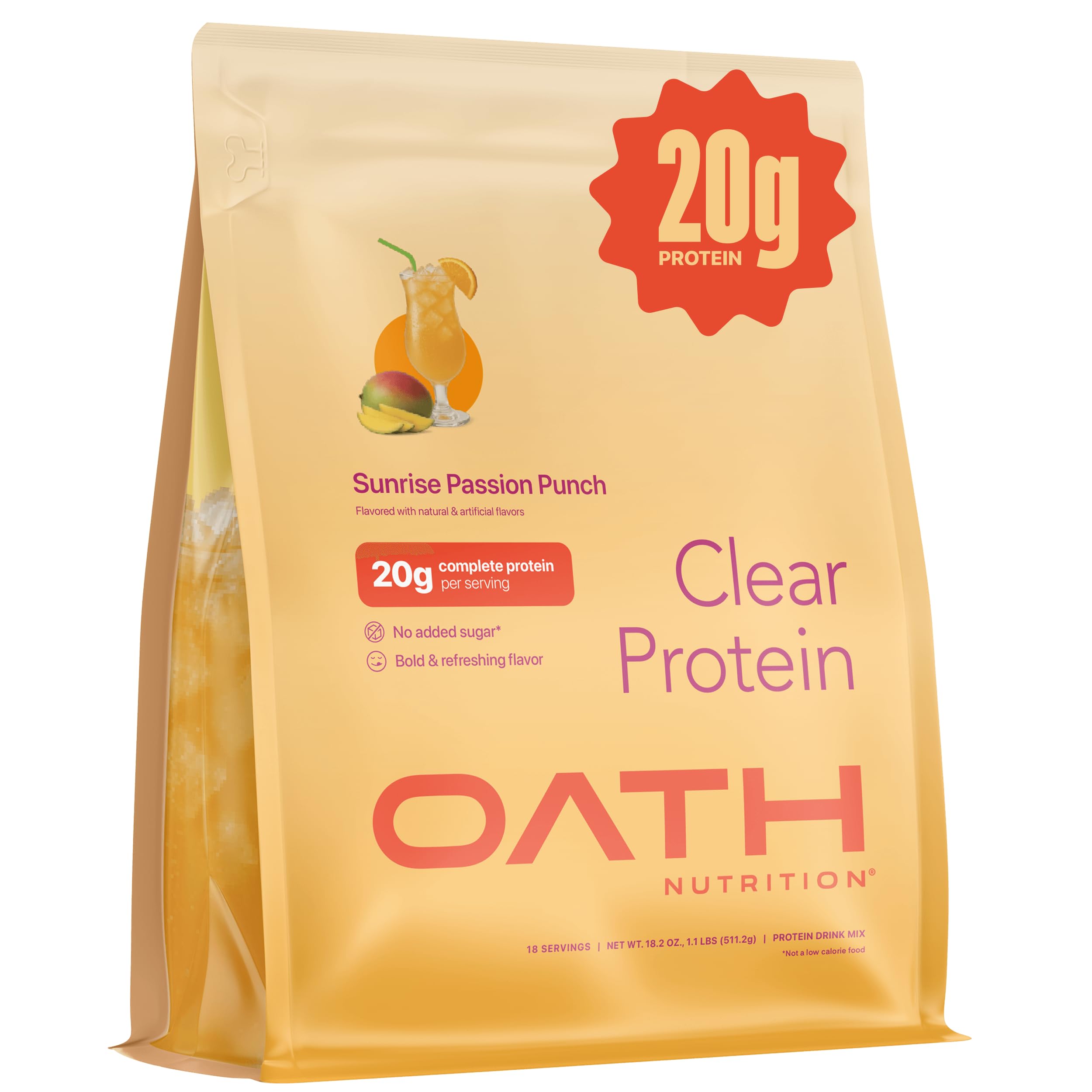 OATH NUTRITION empaque frontal mostrando sabor Sunrise Passion Punch y beneficio refrescante
