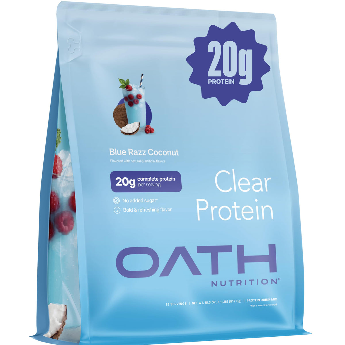 Oath Nutrition envase frontal mostrando la bolsa y el sabor Blue Razz Coconut, atractivo visual